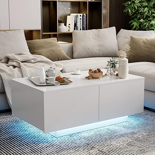 IKIFLY Mesa de centro LED blanca moderna con 4 cajones, mesa central de alto brillo con luces LED de 16 colores para sala de estar en el hogar