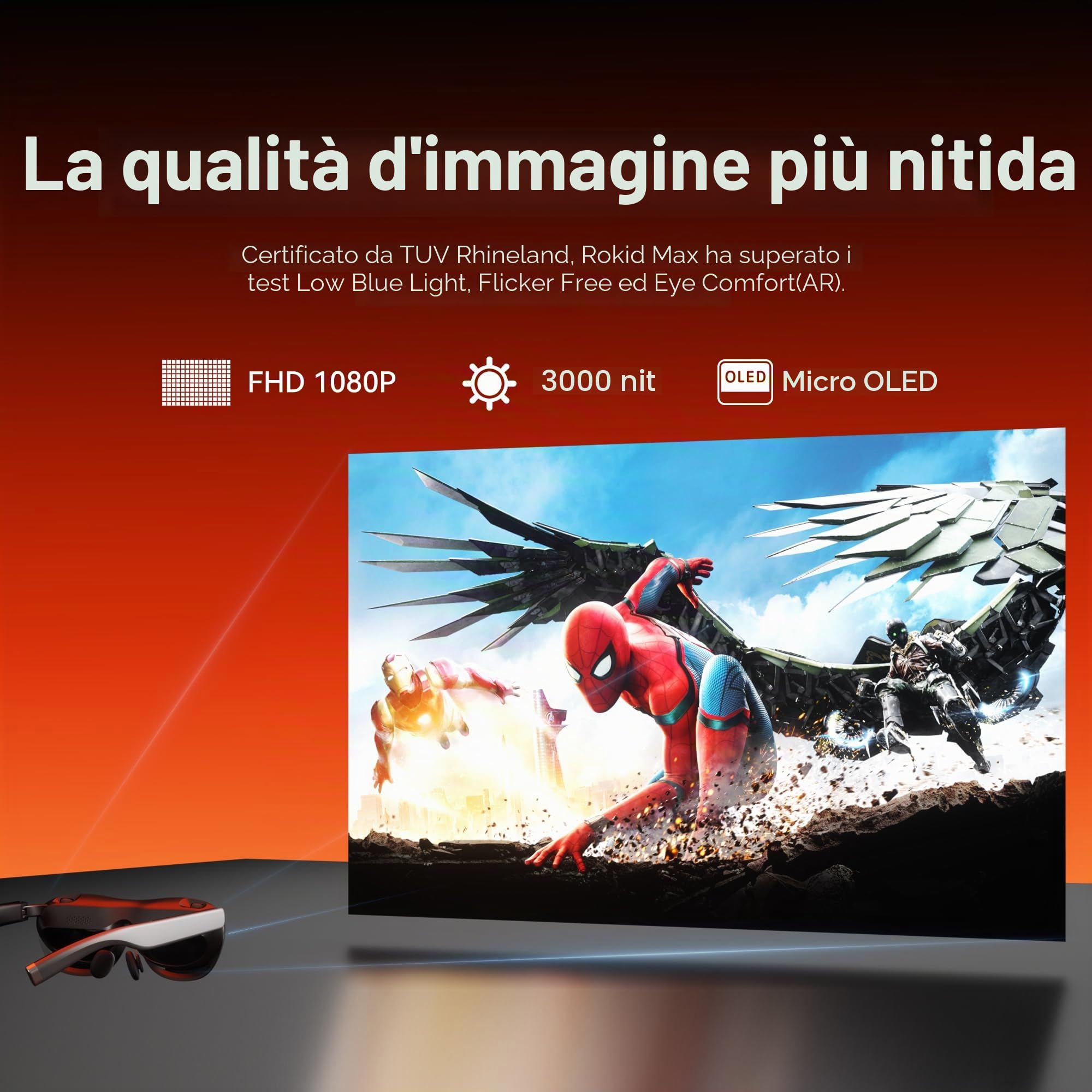 Rokid Max 2 AR Occhiali argentati, display micro OLED da 215", Myopia Adjustable (0-600D), compatibile con Android e PC/ROG/Steam, 120Hz, 50° FOV e 600nits luminanza