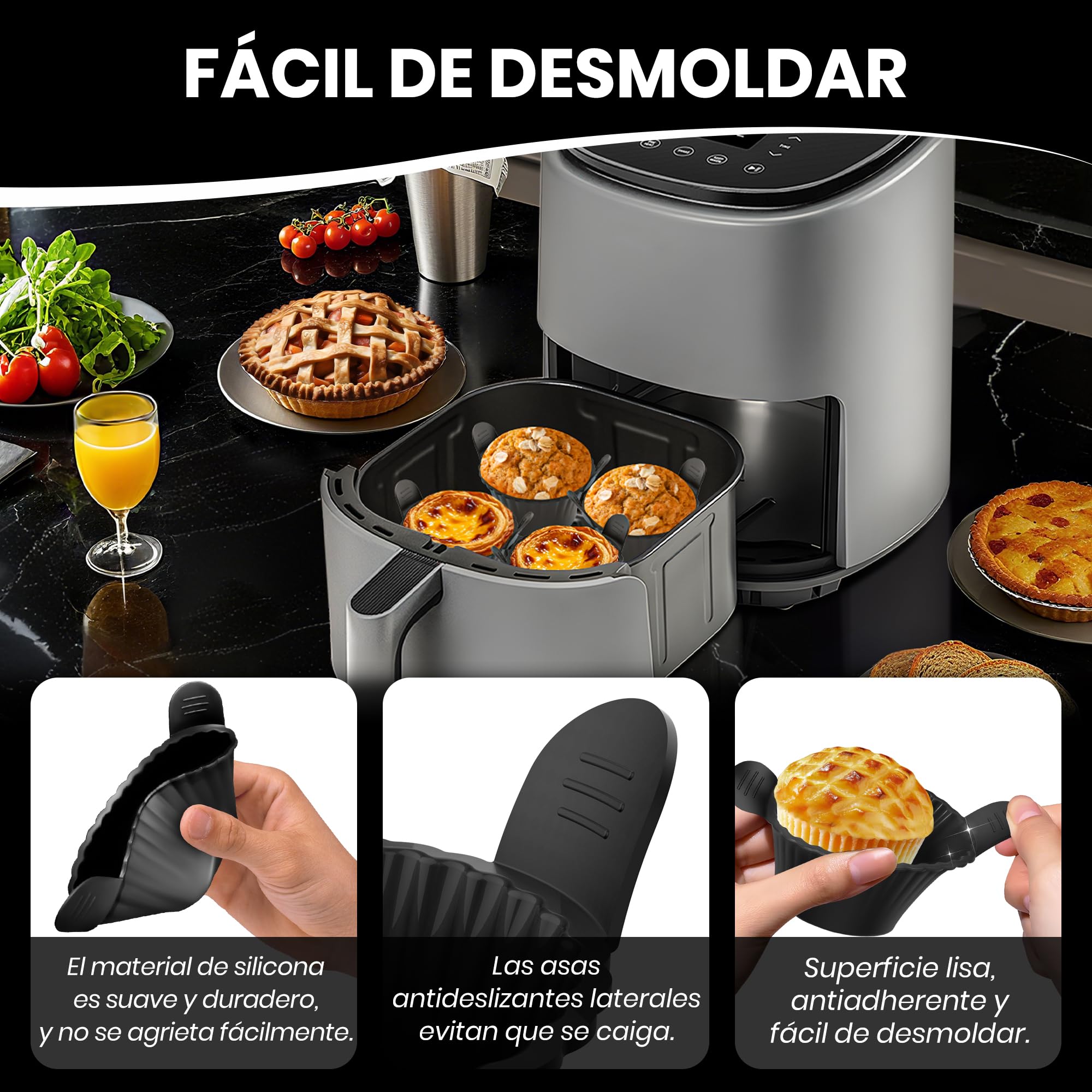8 Piezas Molde Muffins Silicona, Moldes Silicona Freidora aire Reusable Non-Stick y Sin BPA, Molde Magdalenas Air Fryer Apto para Magdalenas, Pasteles, Huevos y Pudines