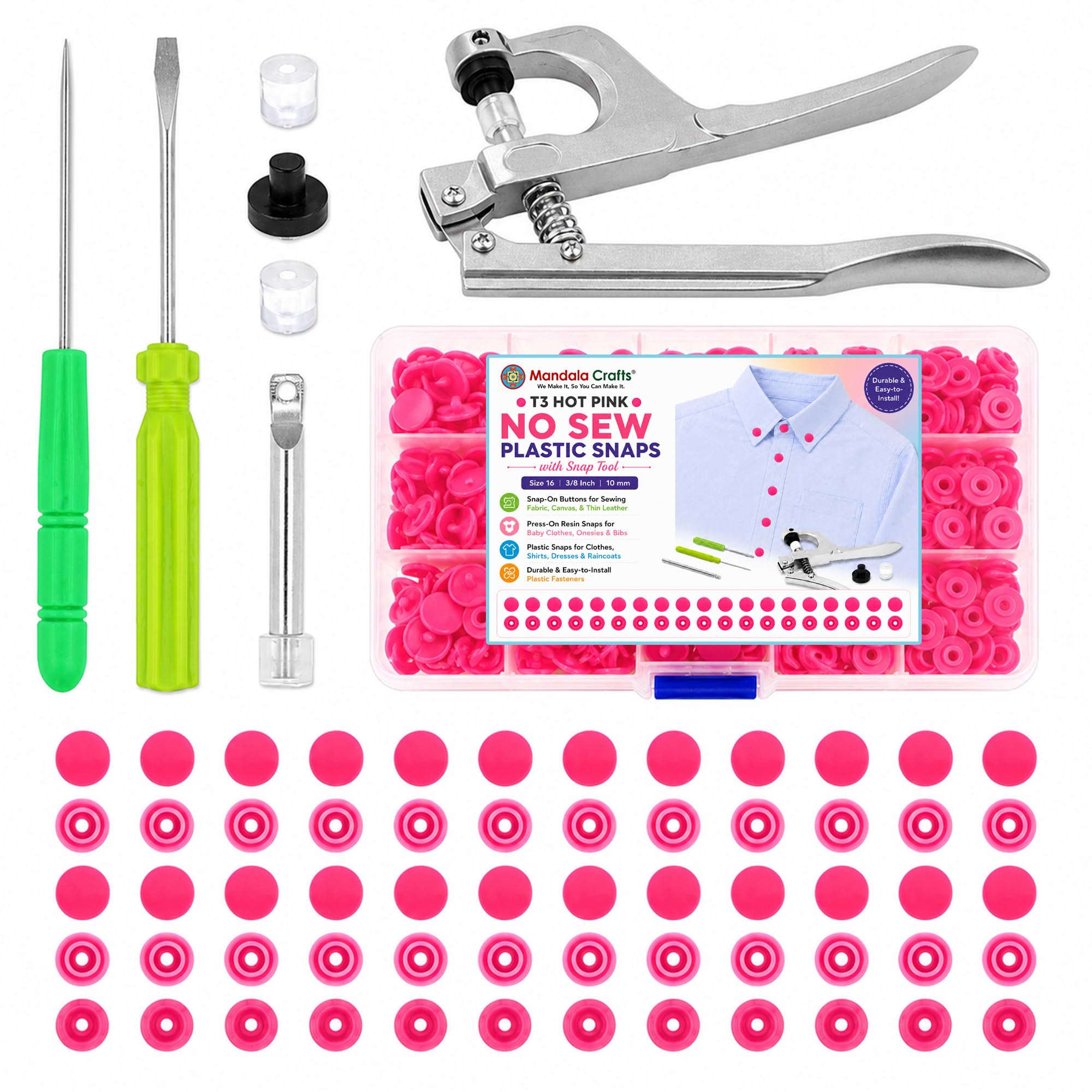 Mandala Crafts Tamaño 16 10 mm 3/8 pulgadas T3 rosa fuerte sin coser Kit de botones de plástico con herramientas a presión para coser tela y ropa, 200 juegos
