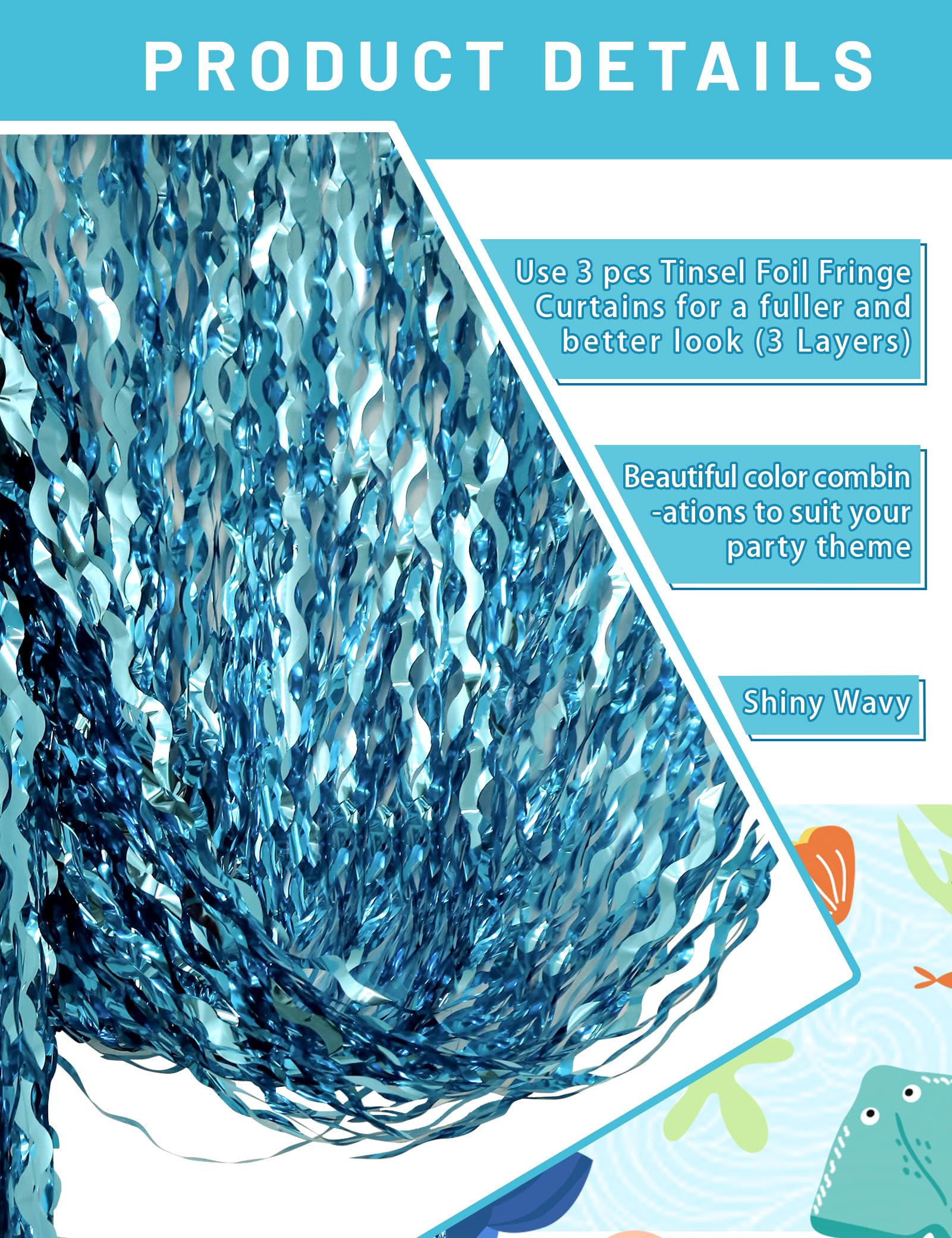 Lot de 6 rideaux à franges ondulées en feuille d'aluminium, bleu brillant et métallisé, pour anniversaire de sirène, fête sous la mer, décorations d'anniversaire sirène, 1 x 2 m