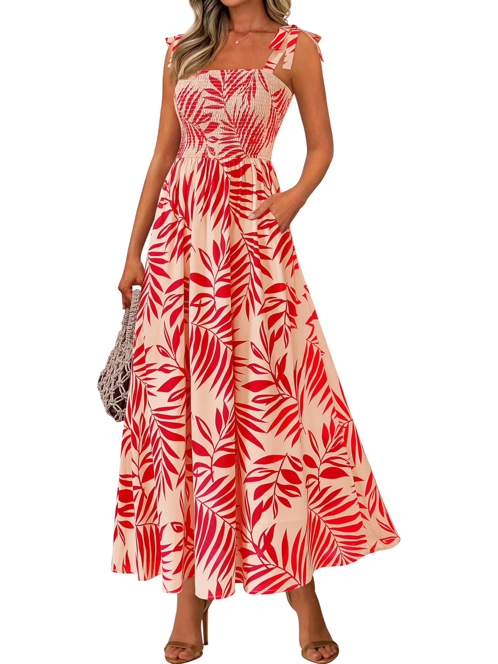 PRETTYGARDEN Womens Summer Dress Floral Smocked Maxi Dresses Beach Sundress
