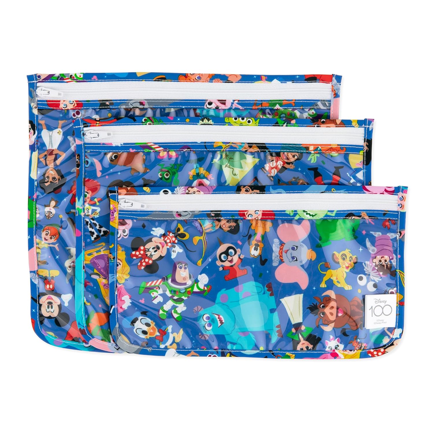 Bumkins Disney Travel Bag, Toiletry, TSA Approved Pouch, Zip Bag, Quart Size Airline Compliant, Clear-Sided, Baby, Diaper Bag Organization, Packing, Set of 3 Sizes, 100 Magical Celebration