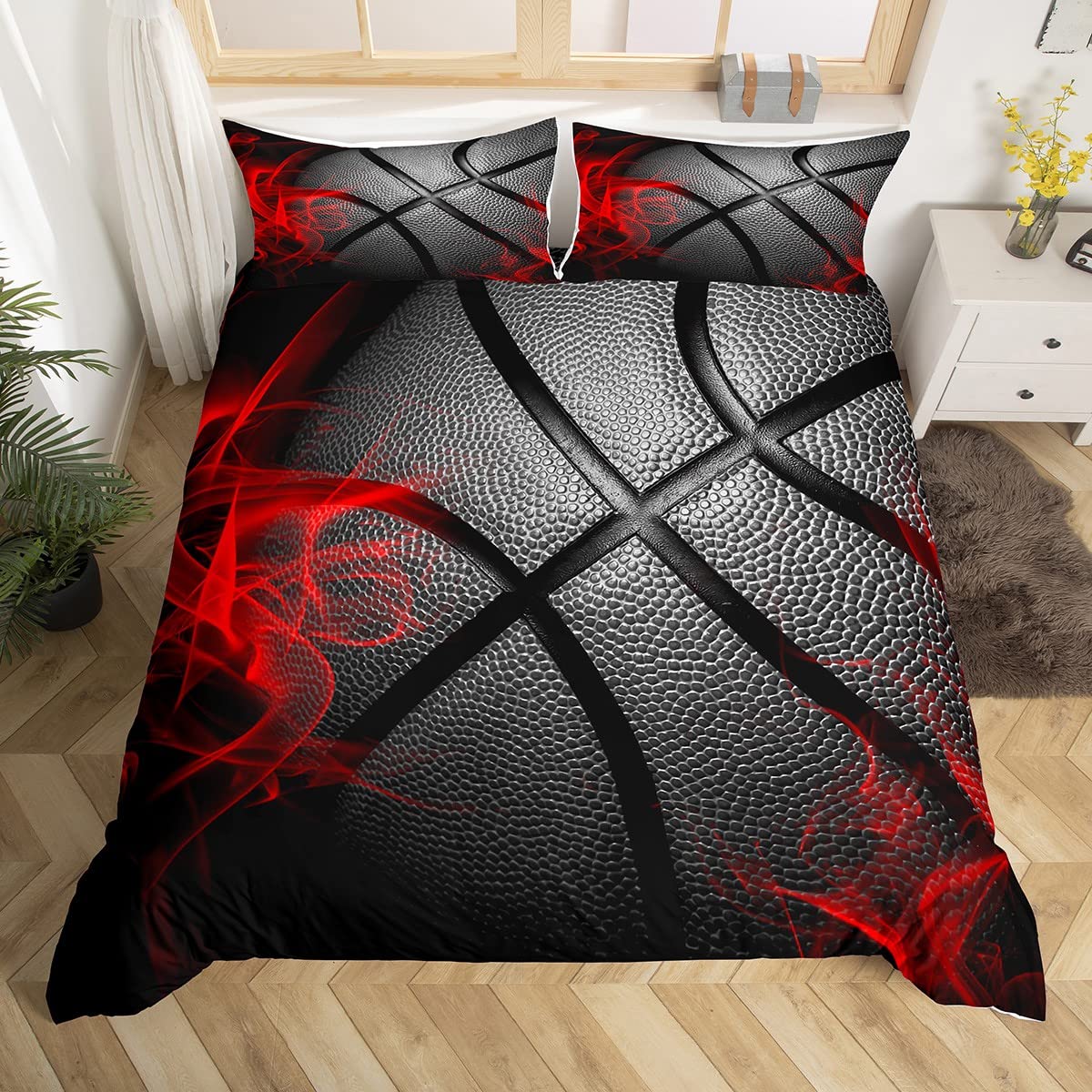 Homewish Basketball Duvet Cover Set Sports Theme Bedding Set 3pcs for Kids Boys Teens Red Flame Basketball Comforter Cover Queen Size Game Room Bedspread Cover with 2 Pillowcases (No Comforter)