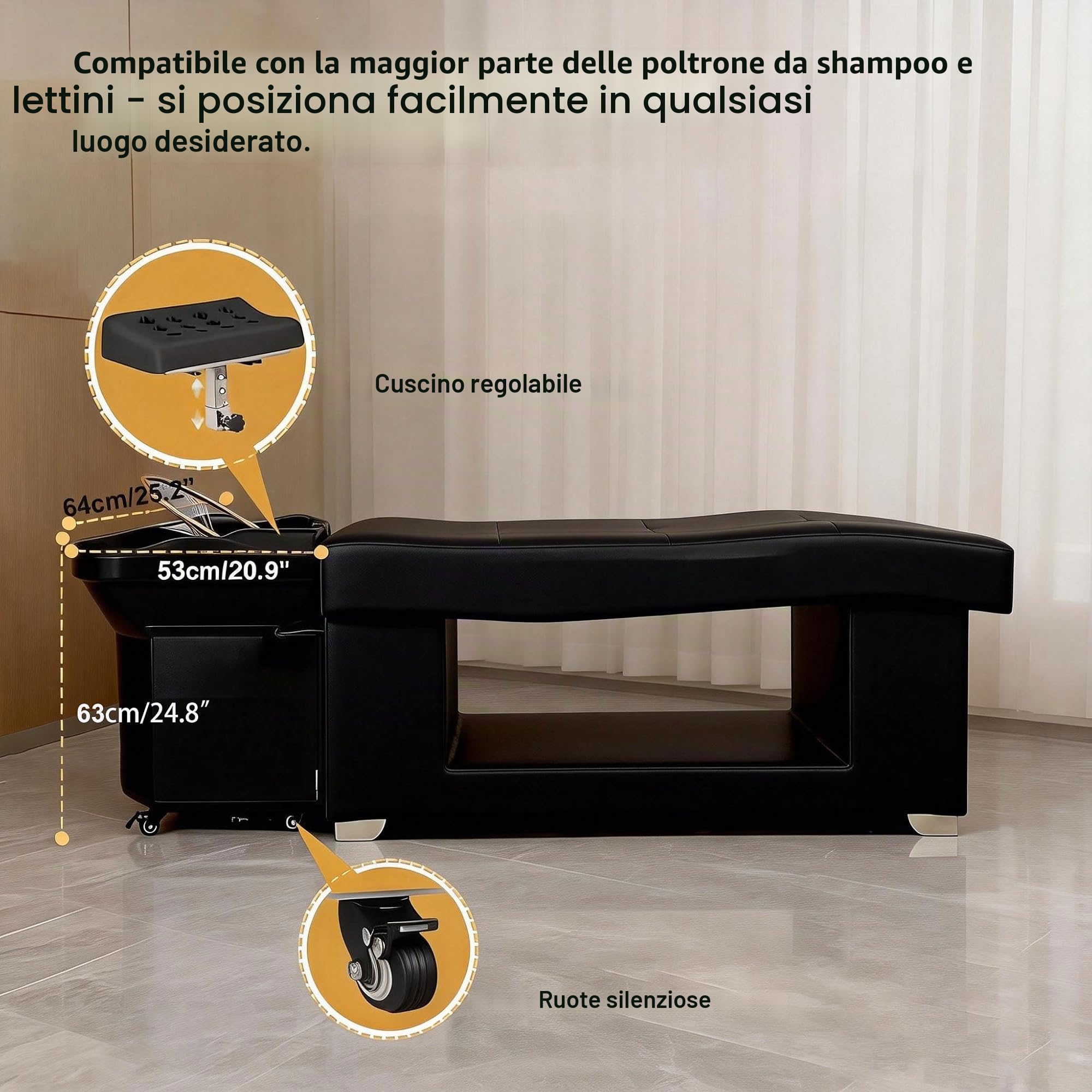 Head-spa dispositivo con cascata e massaggio idrojet – Vaschetta massaggiante professionale con cromoterapia a 7 colori, ideale per saloni, spa e casa (nero + affumicatore)