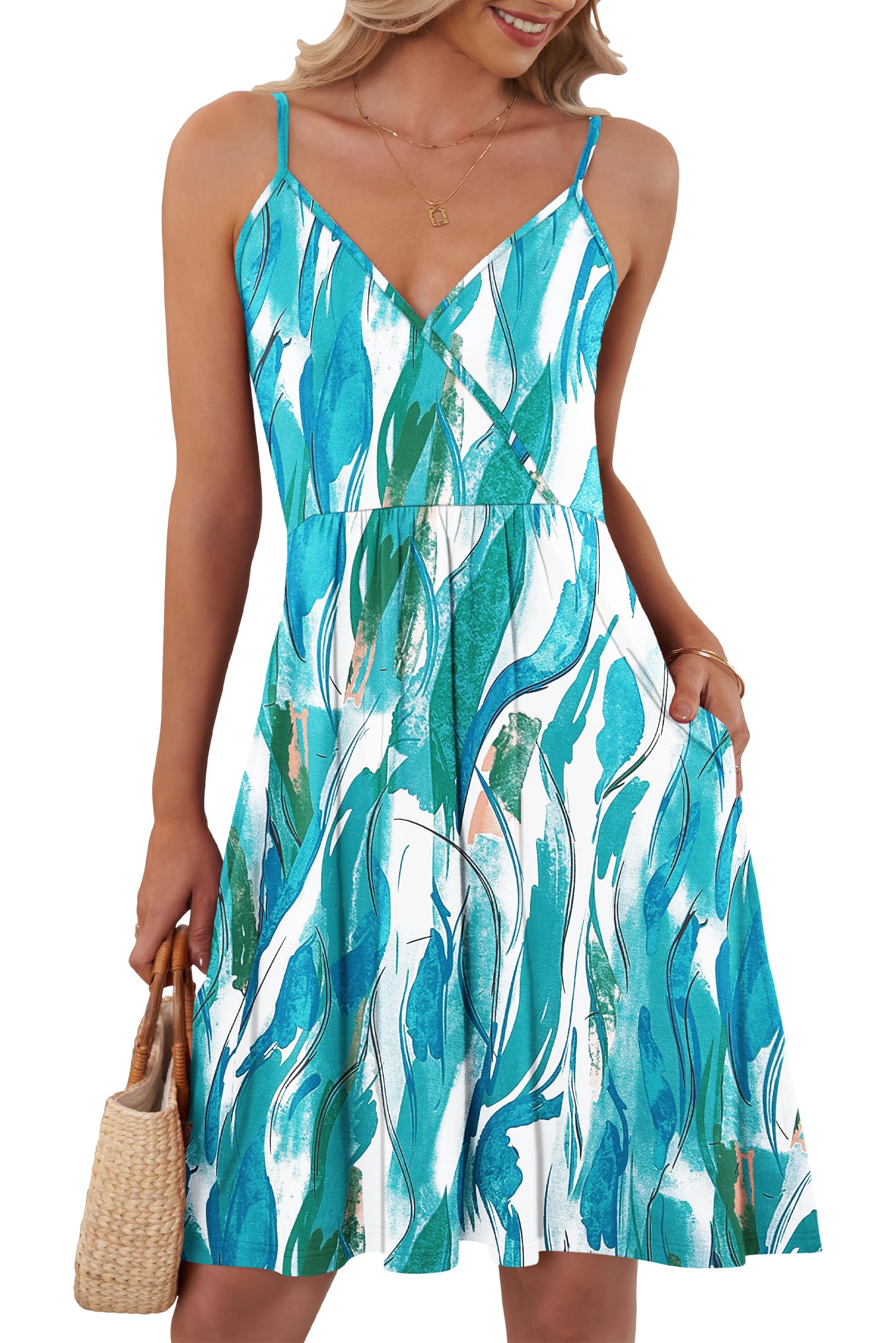 AUSELILY Summer Dress for Women UK V Neck Spaghetti Strap Casual Dress Beach with Pockets Botanical Navy XL