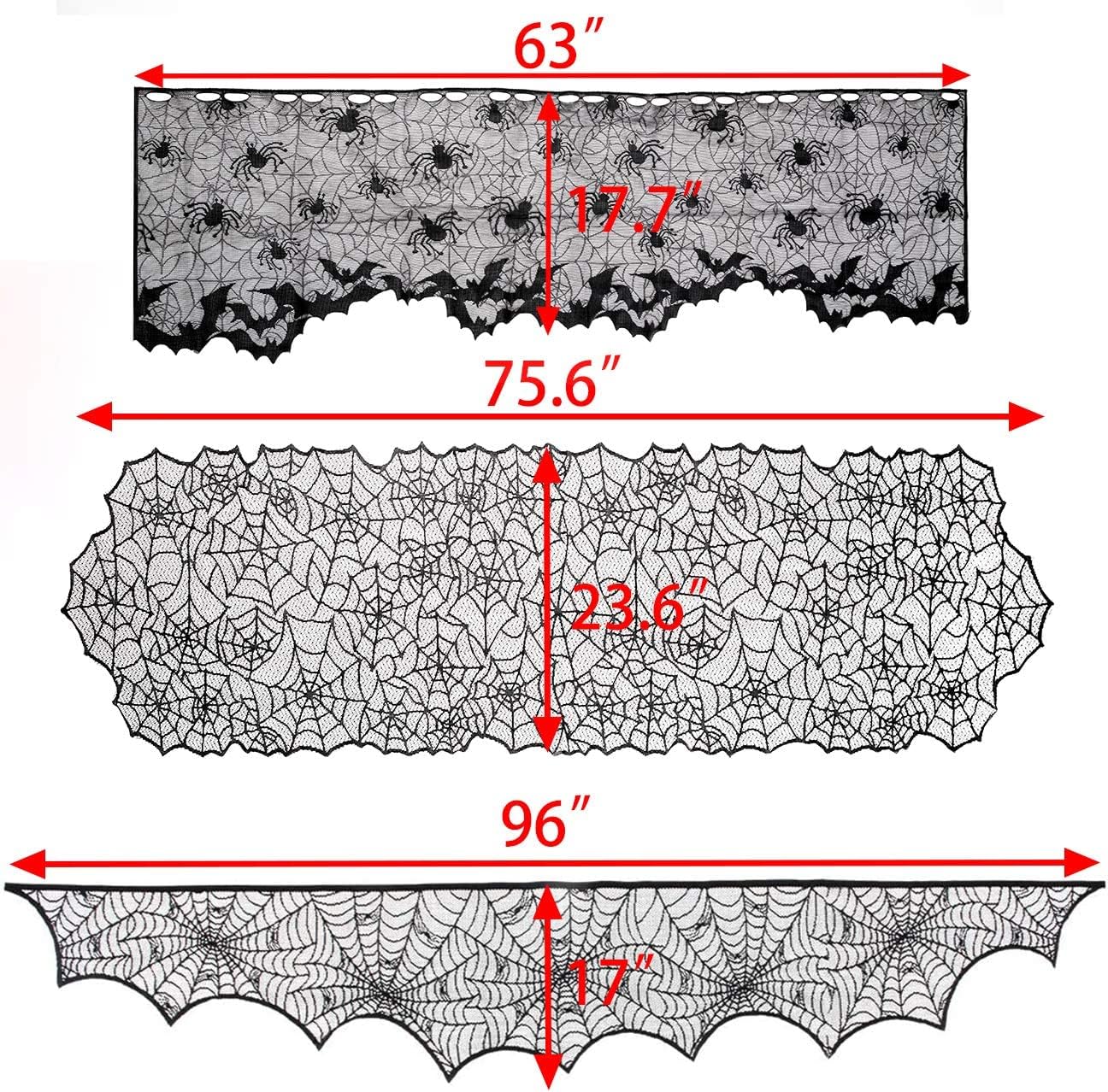 Sunnyglade 8 Pack Halloween Spider Cobweb Lace Tablecloth Set,Fireplace Mantel Scarf & Lace Table Runner & Round Table Cover & Spider Lampshade & Rectangular Placemat for Halloween Party Decorations