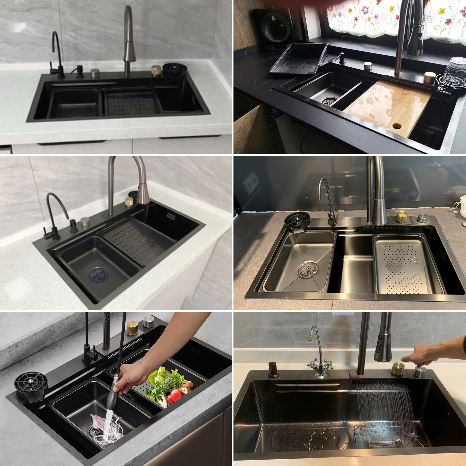 Cascata Lavello Cucina Acciaio Inox Set, Lavandino Cucina Multifunzione, Rubinetto A Cascata A Led, Lavello A Cascata Digitale Con Lavatazze, Dispenser Di Sapone(Black-Grey#2,85x50cm)