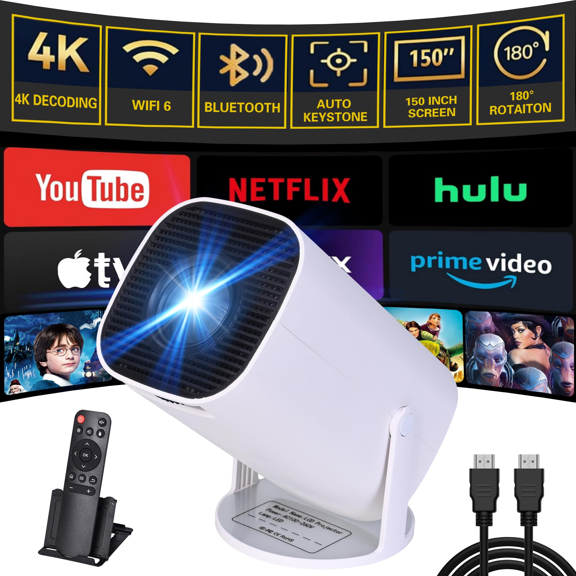 Przenośny mini projektor telewizyjny 4K do telefonu wynalazek wizji wideo projektor wideo z systemem Android 11 i Netflix - WiFi 6 dom sufit film inteligentny projektor ścienny Bluetooth + uchwyt na
