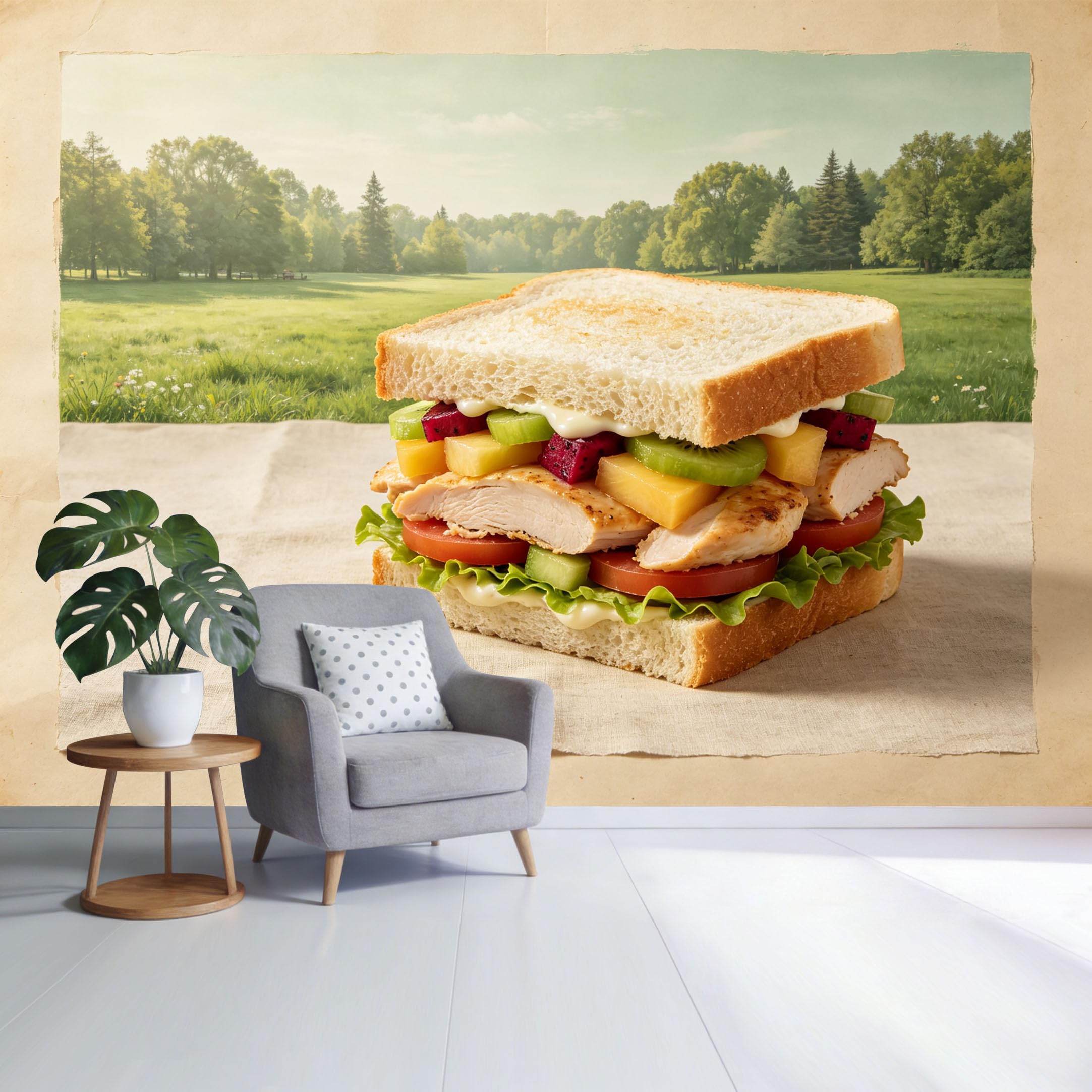 Custom Size Wall Mural Fresh Sandwich with Grilled Chicken Fruit Layer Landscape Picnic Scene Botanical Style SelfAdhesive Wall Fabric Removable Wallpaper for Home Office Decor