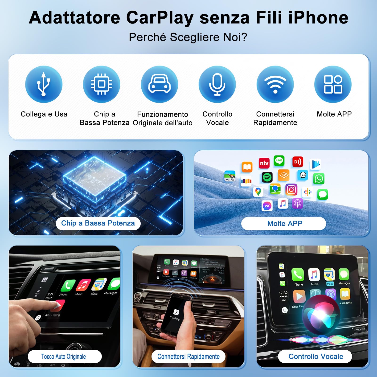 Adattatore CarPlay Wireless, Adattatore Carplay senza fili per OEM, Dongle Carplay Wireless Converte il Carplay Cablato Delle in wireless Compatibile con 98% delle Auto, 5Ghz WiFi＆iOS 10+