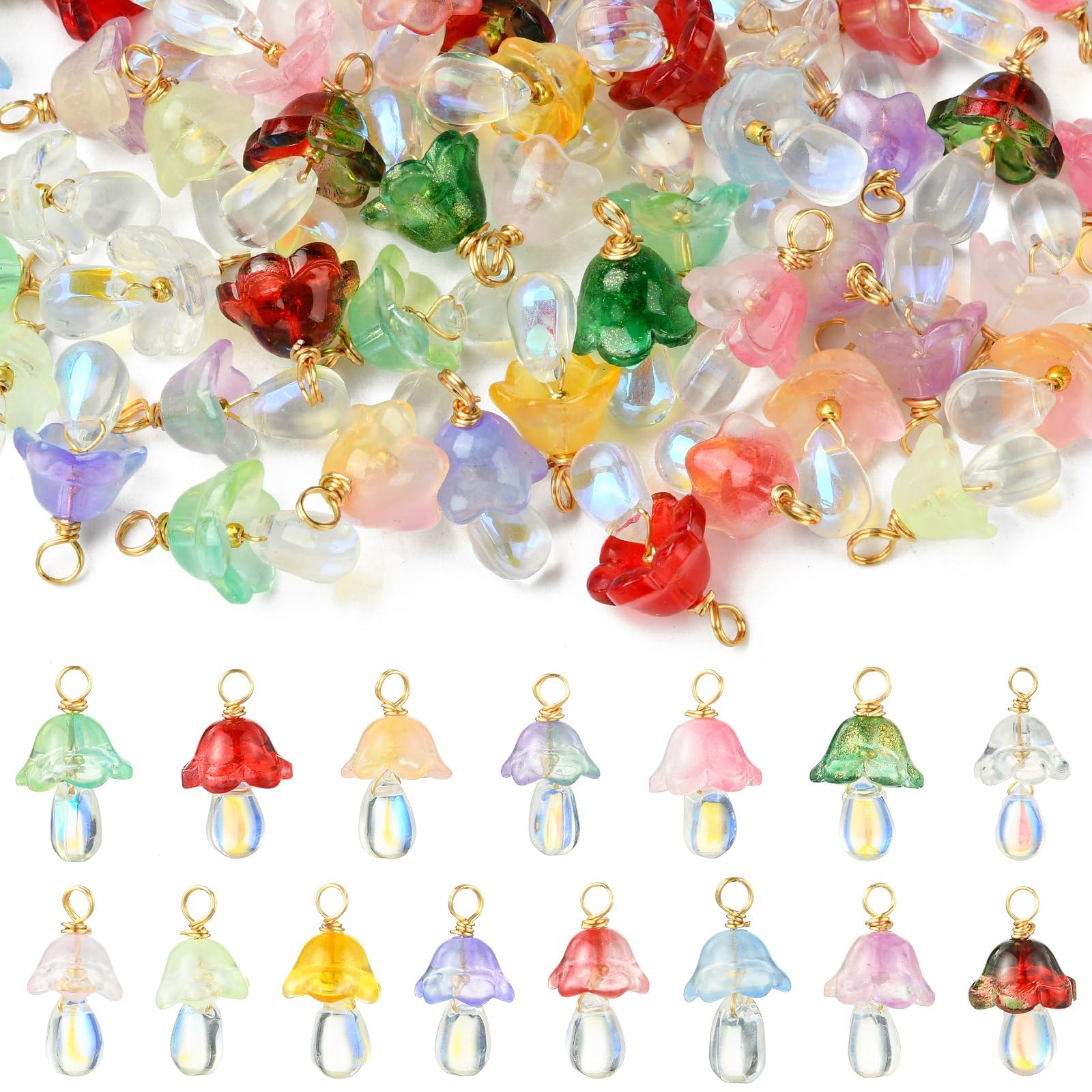 UR URLIFEHALL 60 Pcs 15 Styles Glass Mushroom Charms Imitation Food Shaped Dangle Charms for Jewellery Making Crafts Home Party Decorative