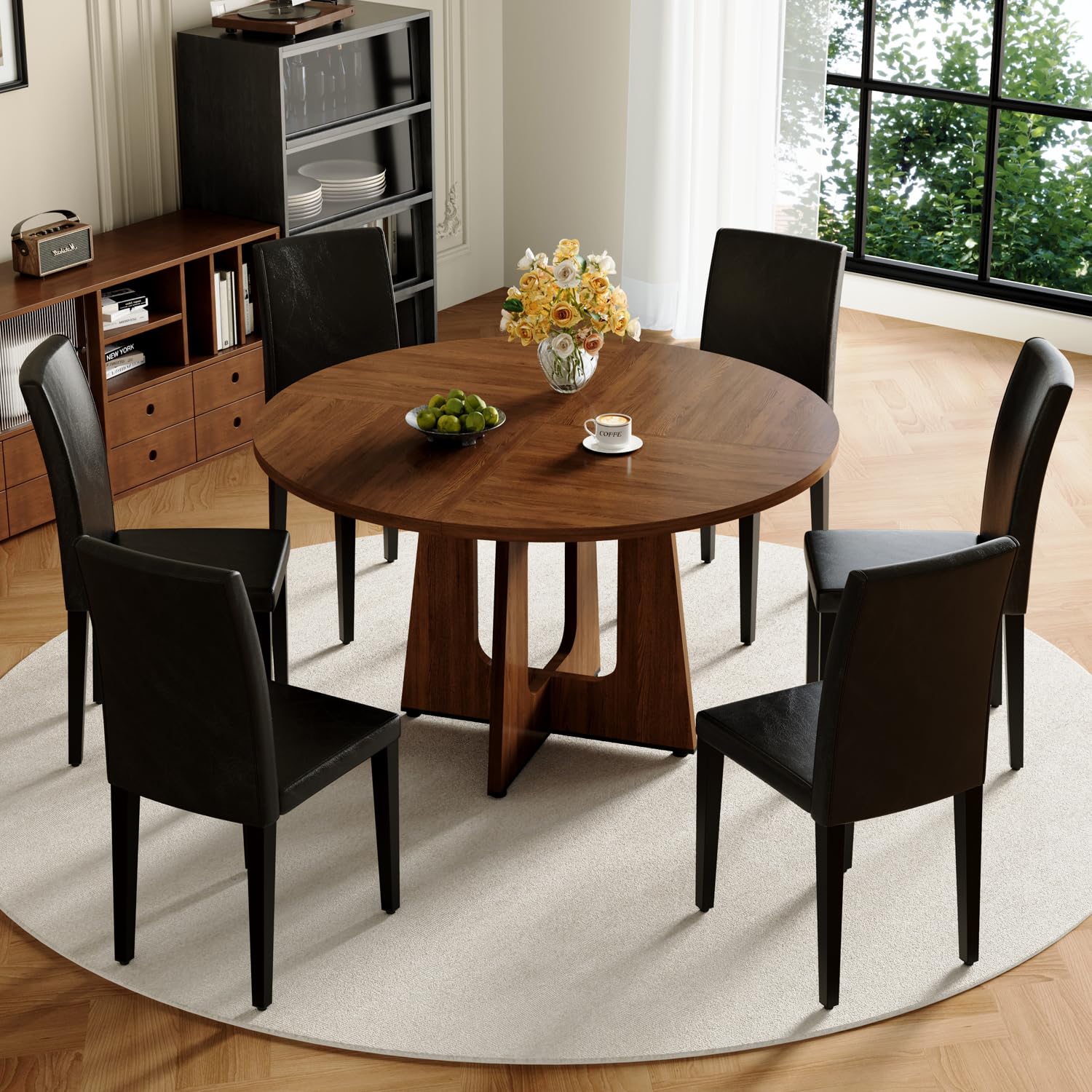 47" Round Dining Table Set for 6, Walnut Wood Grain Table and 6 Chairs Set