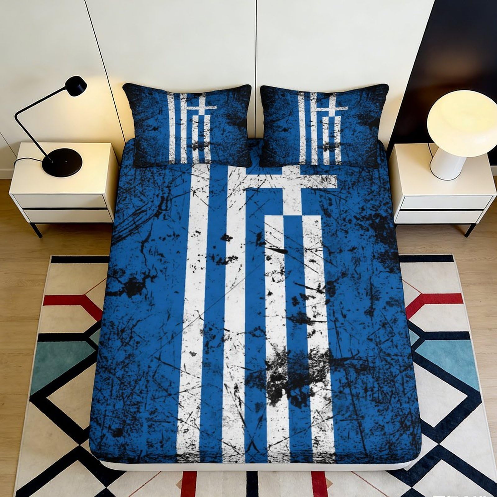 K1r3d9e5 Style-3 3D Printed Greek Flag Fitted Sheet Microfiber Soft Blue White Bed Cover For Bedroom Dorm Mattress Protection Decor 90X200x25cm