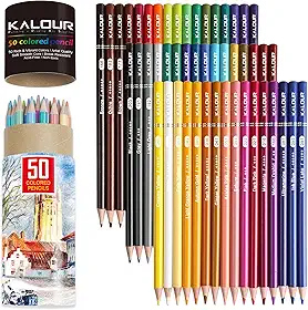 KALOUR Lápis de cor premium, conjunto de 50 cores, núcleo macio para artistas com cores vibrantes, ideal para misturar sombras, lápis de cor para adultos e iniciantes