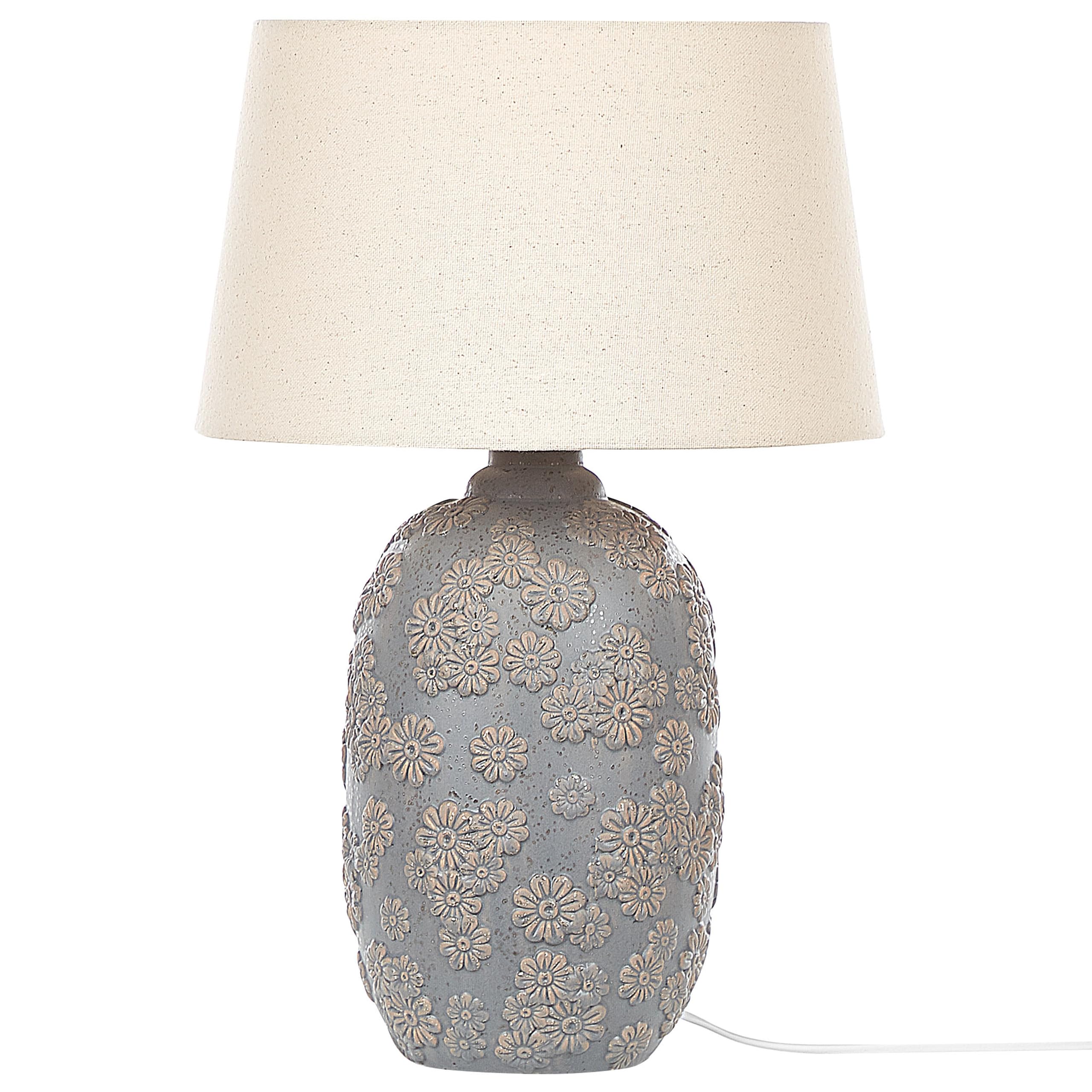 Tischlampe 46 cm Keramik grau Stoffschirm beige Kabel mit Schalter Ferrey