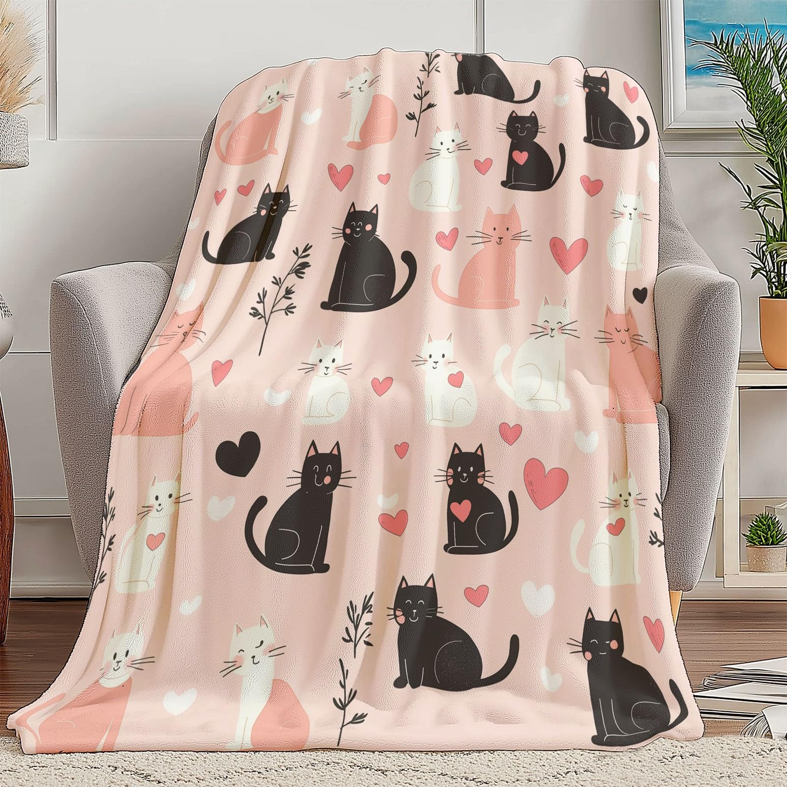 Kuscheldecke Flauschige, Einfache Katze Herzform Muster Decke, Weich & Warm Decke für Couch und Bett, Pflegeleichte Flauschige 180 x 220 cm, Rosa