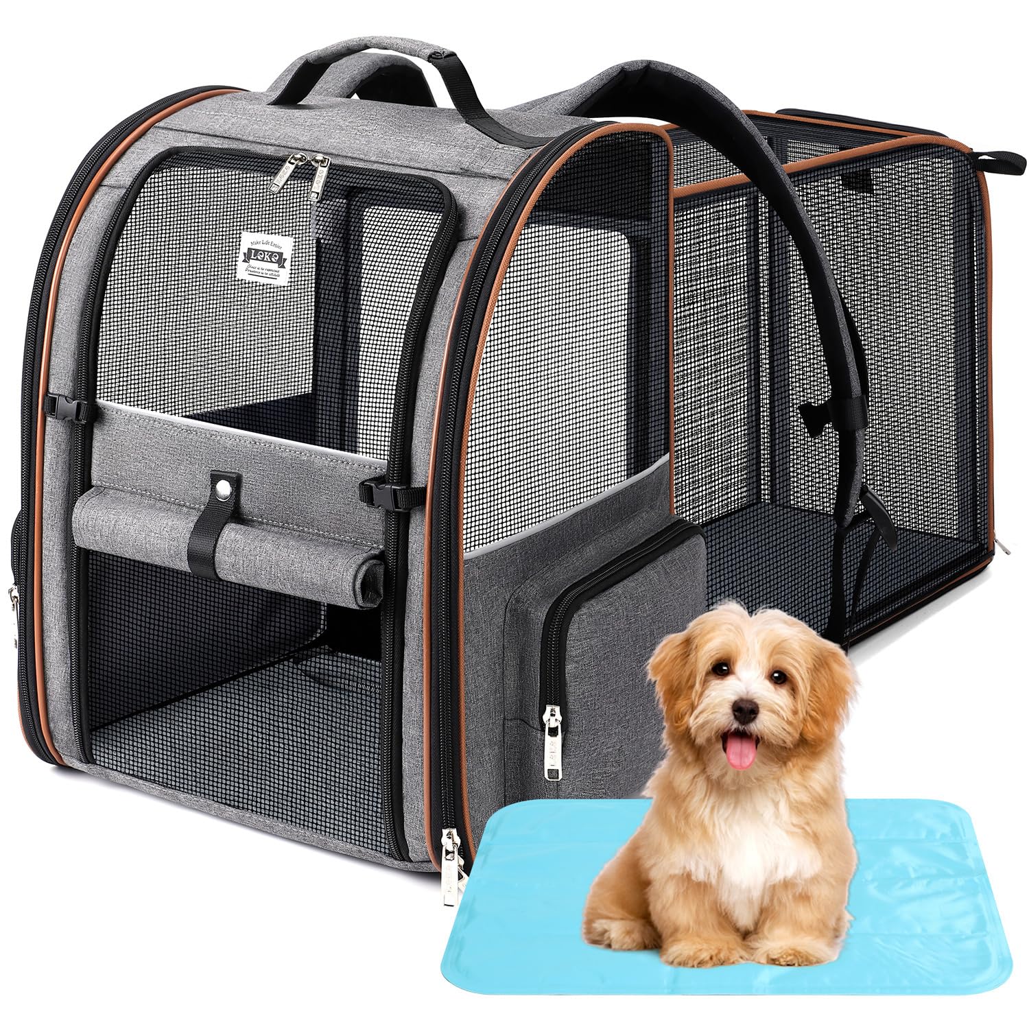 Transportin Gato Extensible con 4 Entradas | Mochila Gato Transpirable - Transportin Perro Pequeño con Arnés Interno - Mochila Perro Carga Máxima 8kg - Gris & Alfombrilla Refrescante