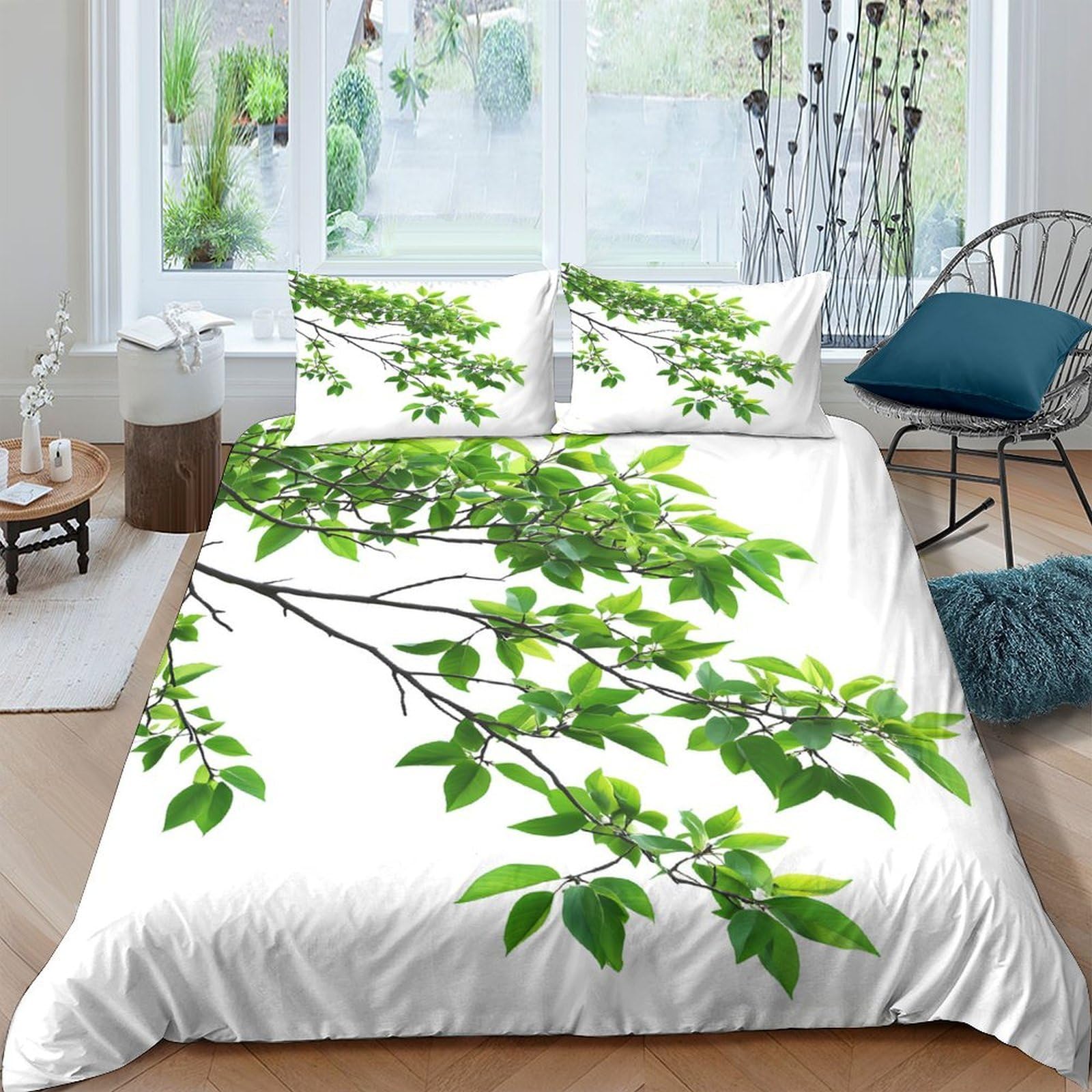 Ctjqhvkz Style-3 3D Printed Green Leaves Fitted Sheet Microfiber Soft Breathable Branch Mattress Cover For Bedroom Dorm Decor Single（135X200cm）