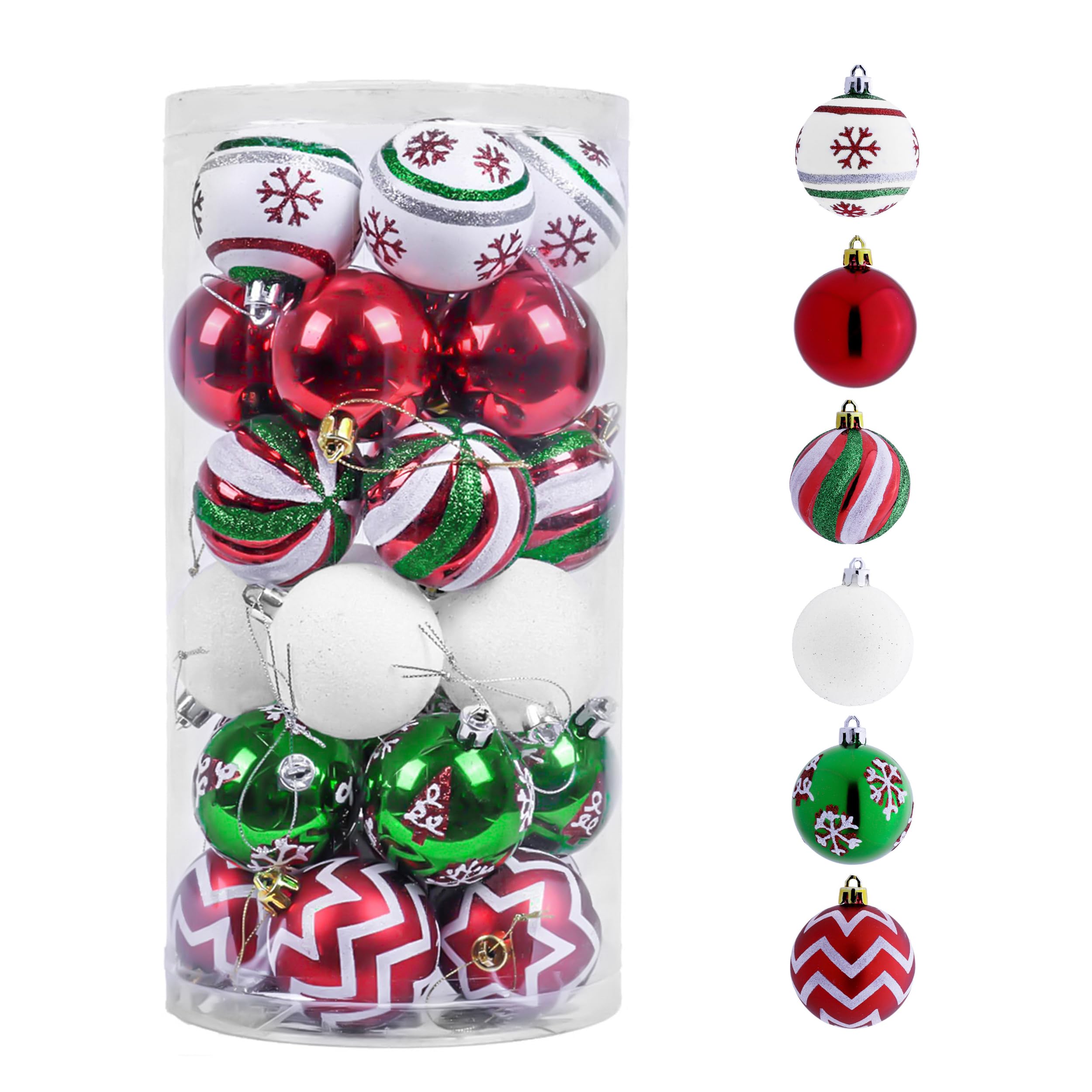 Valery Madelyn Boule de Noël incassable 30 carats 60 mm Rouge Vert Blanc Décoration de Noël à thème avec jupe de sapin (non incluse)