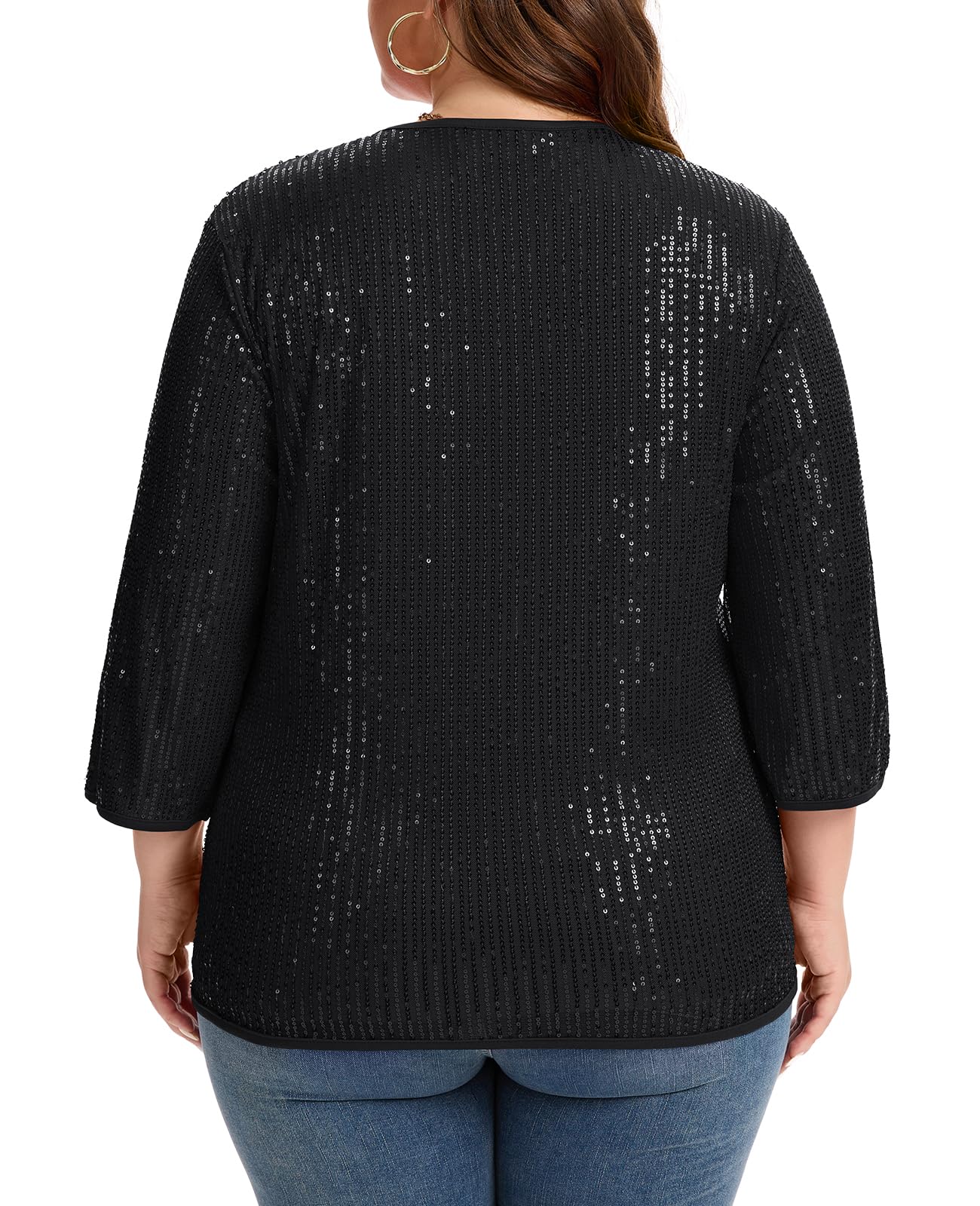 XL-5XL Grande taille Chemisier à paillettes T-shirt Femmes Haut à paillettes étincelantes Col en V Doublé Manches 3/4 Vêtements de soirée décontractées