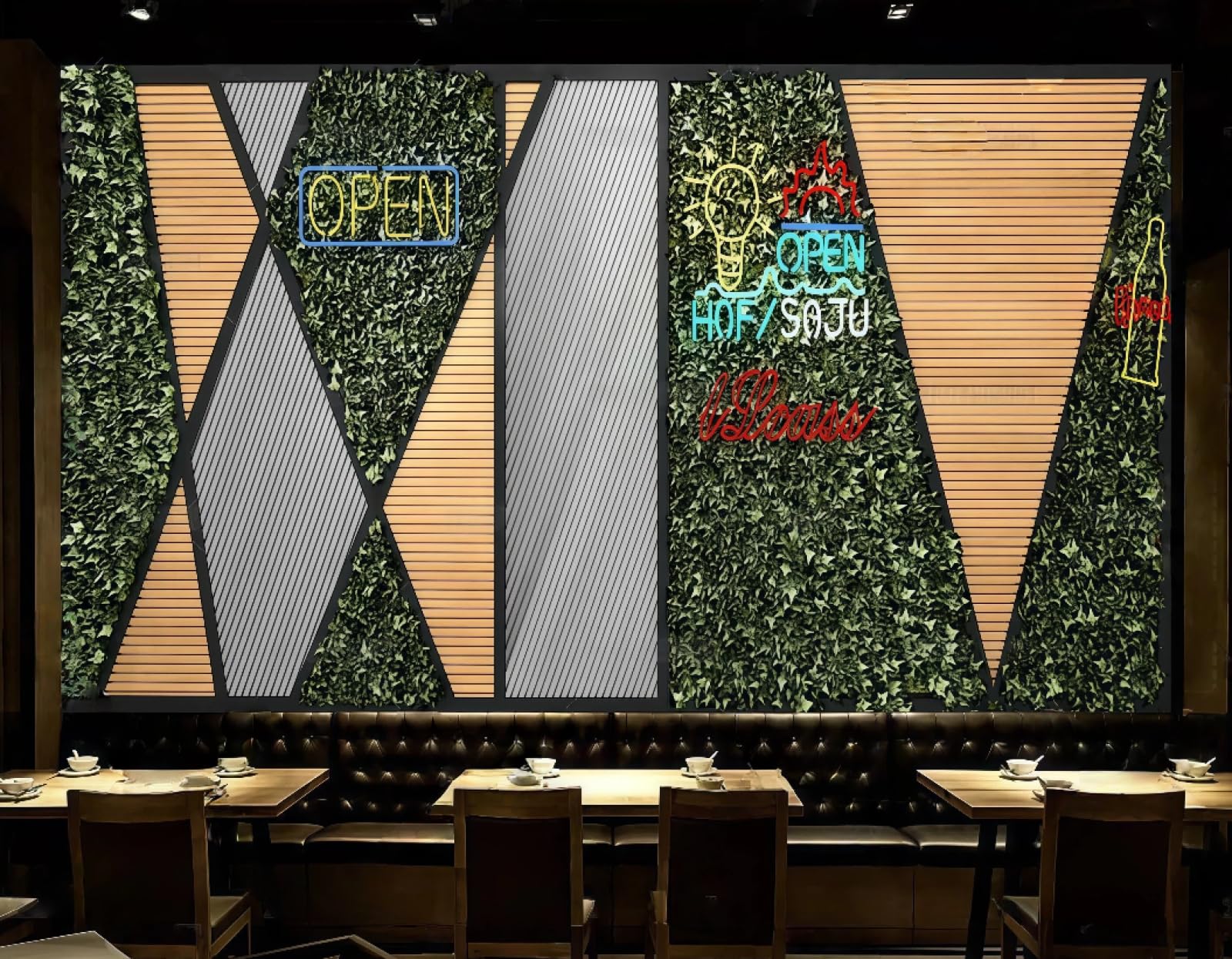 XDOUBAO Wallpaper Nostalgic Green Vegetation Wood Grain Collage Dessert Shop Afternoon Tea Coffee Shop Background Mural Western Restaurant Wallpaper,3D,400x280cm