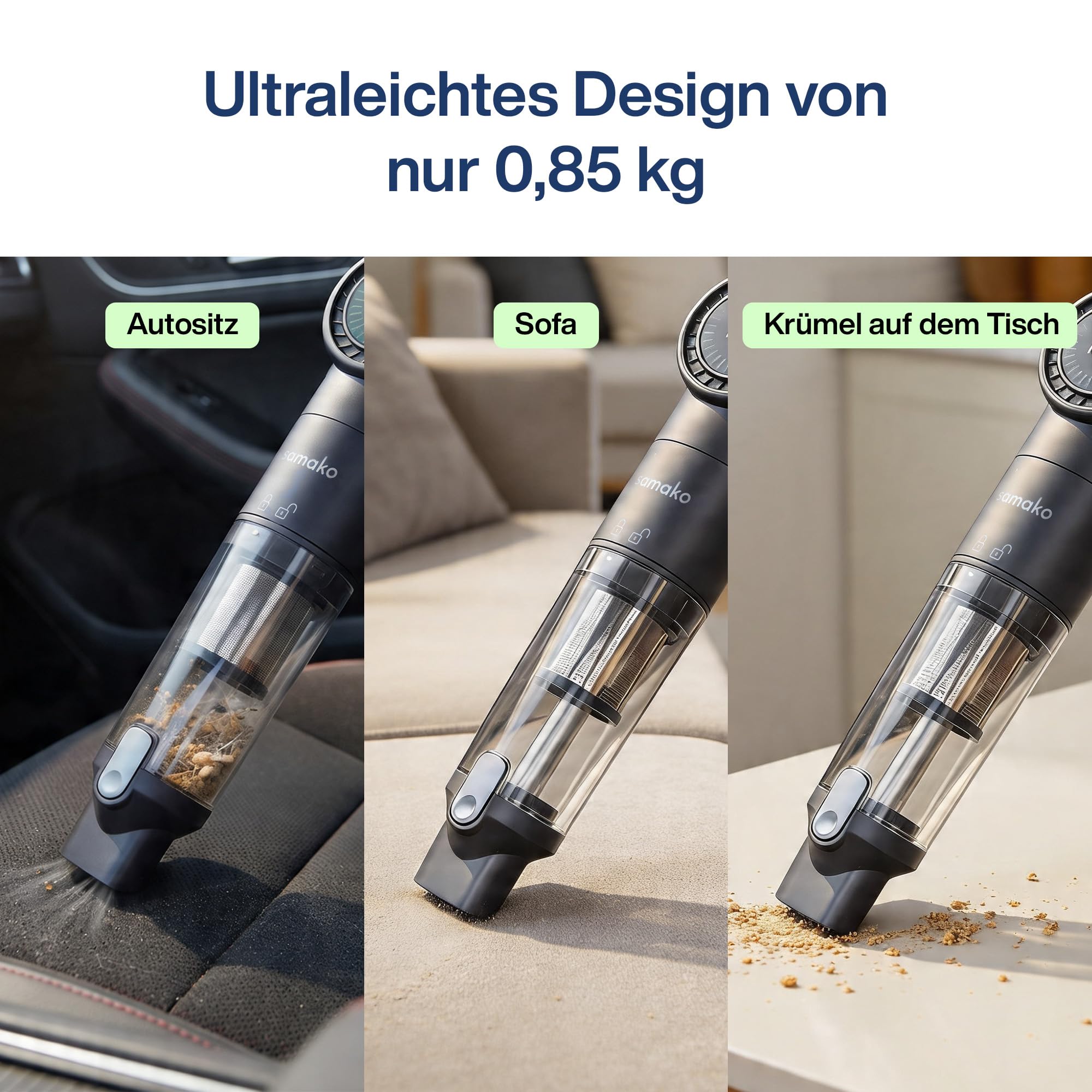 Samako Akku-Staubsauger, 13,5 kPa mit LED-Anzeige NanoDetect Pro Staubsauger, Ultraleicht (0,85 kg), HEPA-Filter, Ladestation, Fugendüse und Flexibler Schlauch für Auto, Sofa und Haushalt