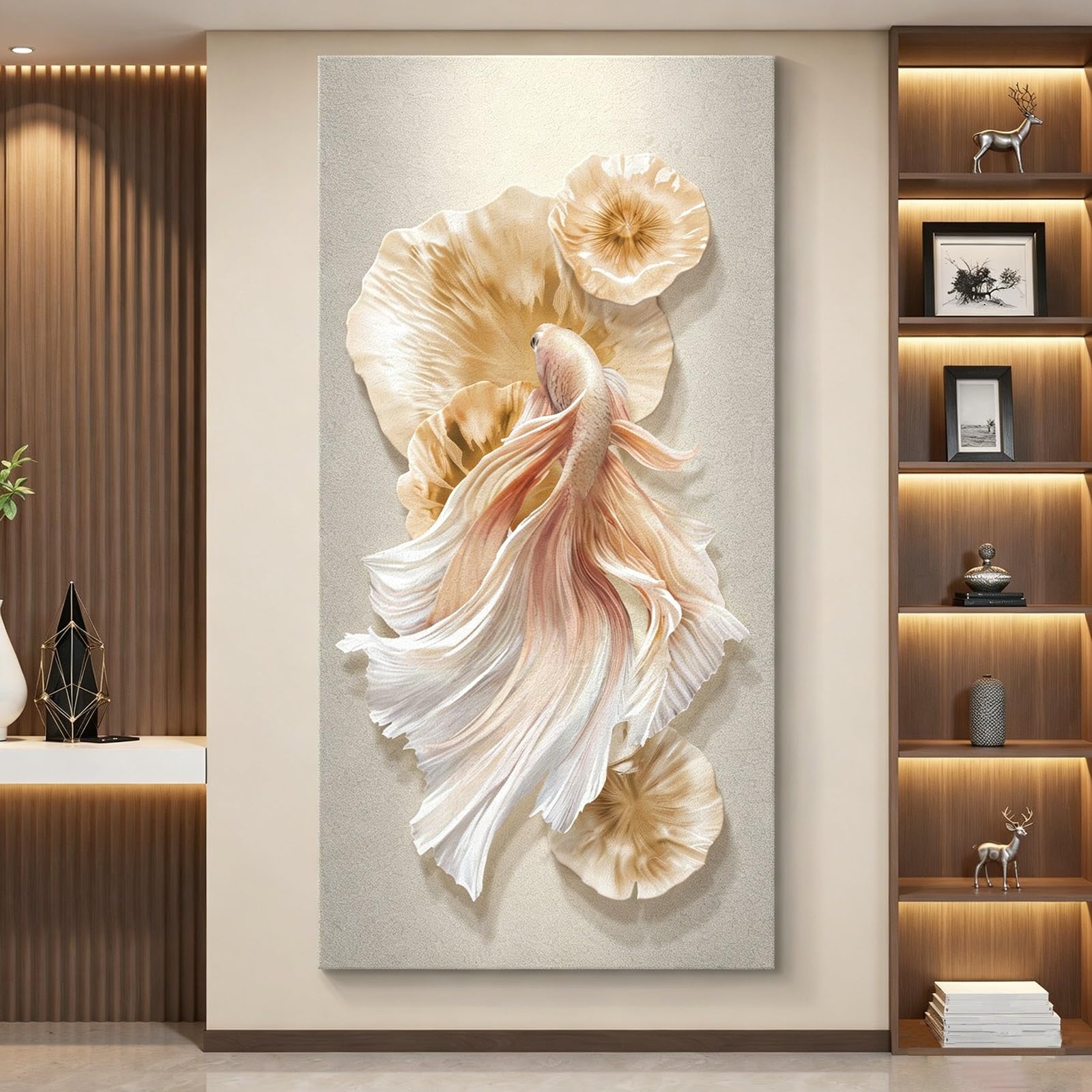 ZCQMSCWW 3D LED Embossed Koi Fish Wall Art，Large Vertical Lotus Leaf Mural Modern Textured Relief Sculpture Decor for Entryway Living Room(C,120 * 60cm/47.2 * 23.6in)