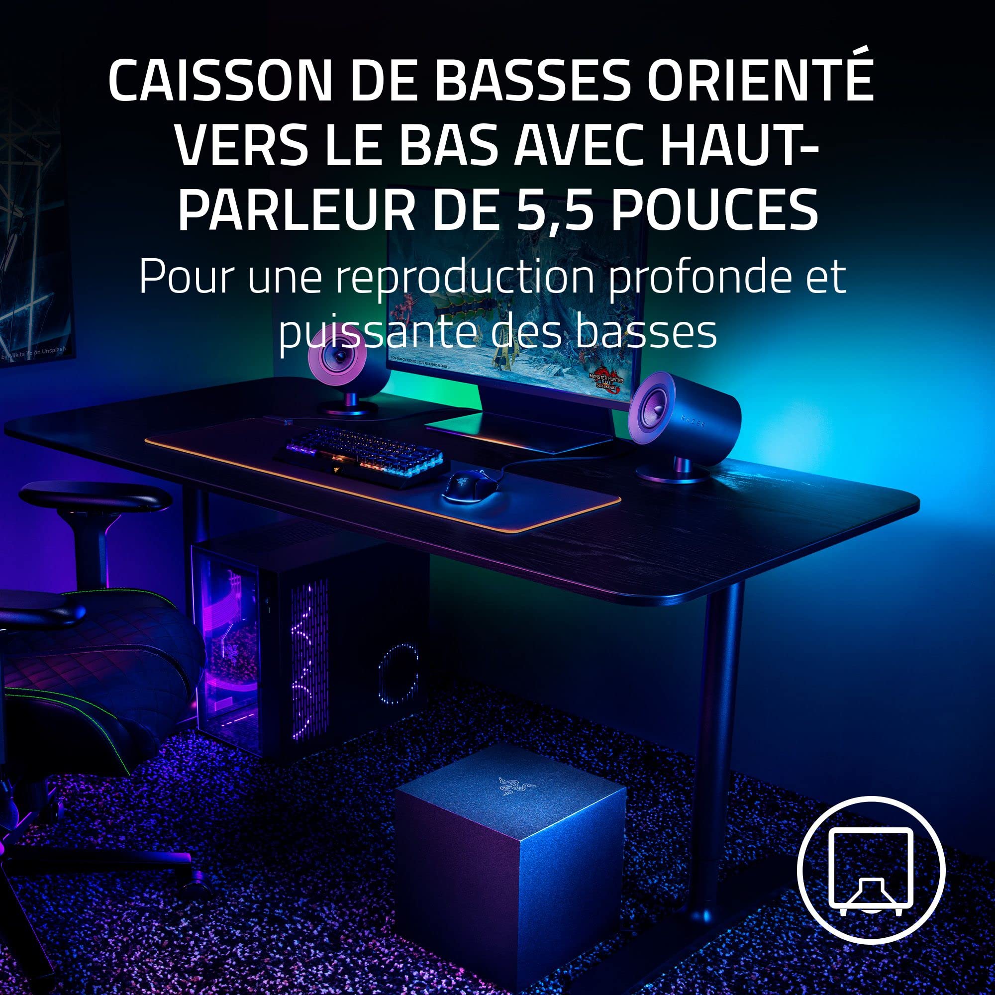 Razer Nommo V2 - Enceintes Gaming 2.1 Large Bande pour PC avec Caisson de Basses Filaire (Haut-Parleurs Large Bande de 3 Pouces avec Bouchons de Phase en Aluminium, THX Spatial Audio) Noir