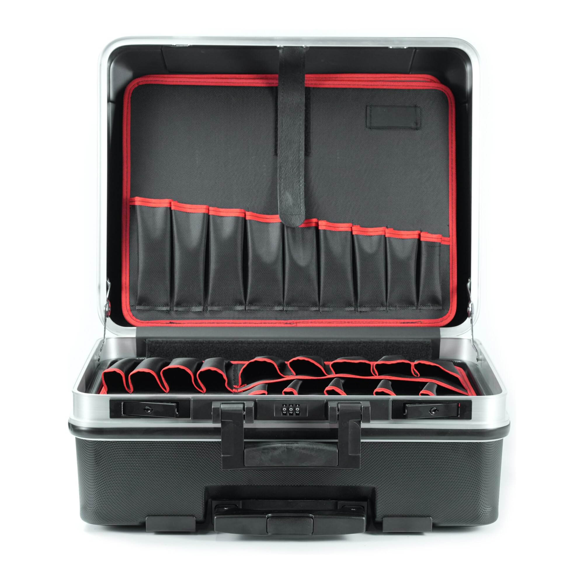 Valigetta portautensili STIER trolley vuoto, robusta valigetta trolley con plastica ABS e alluminio, Toolbox nera con ruote incluse serrature di sicurezza, pratiche tasche per utensili