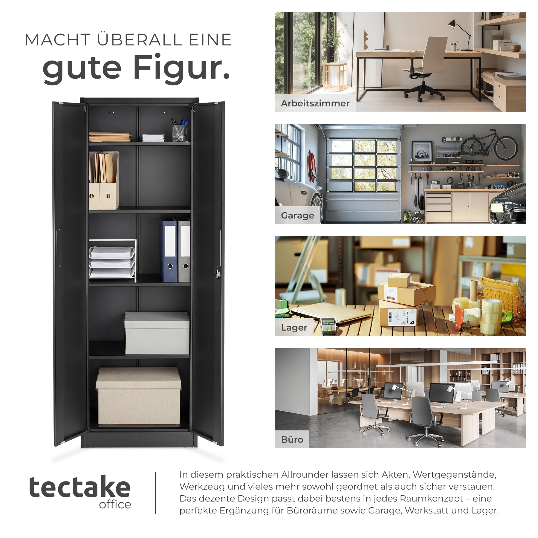 TecTake® Aktenschrank, 60 x 40 x 180,5 cm, mit Magnetverschluss und 4 verstellbare Böden, abschließbar,mit Kippschutz, höhenverstellbare Füße, pulverbeschichtet, inkl. Handschuhe für Aufbau - schwarz