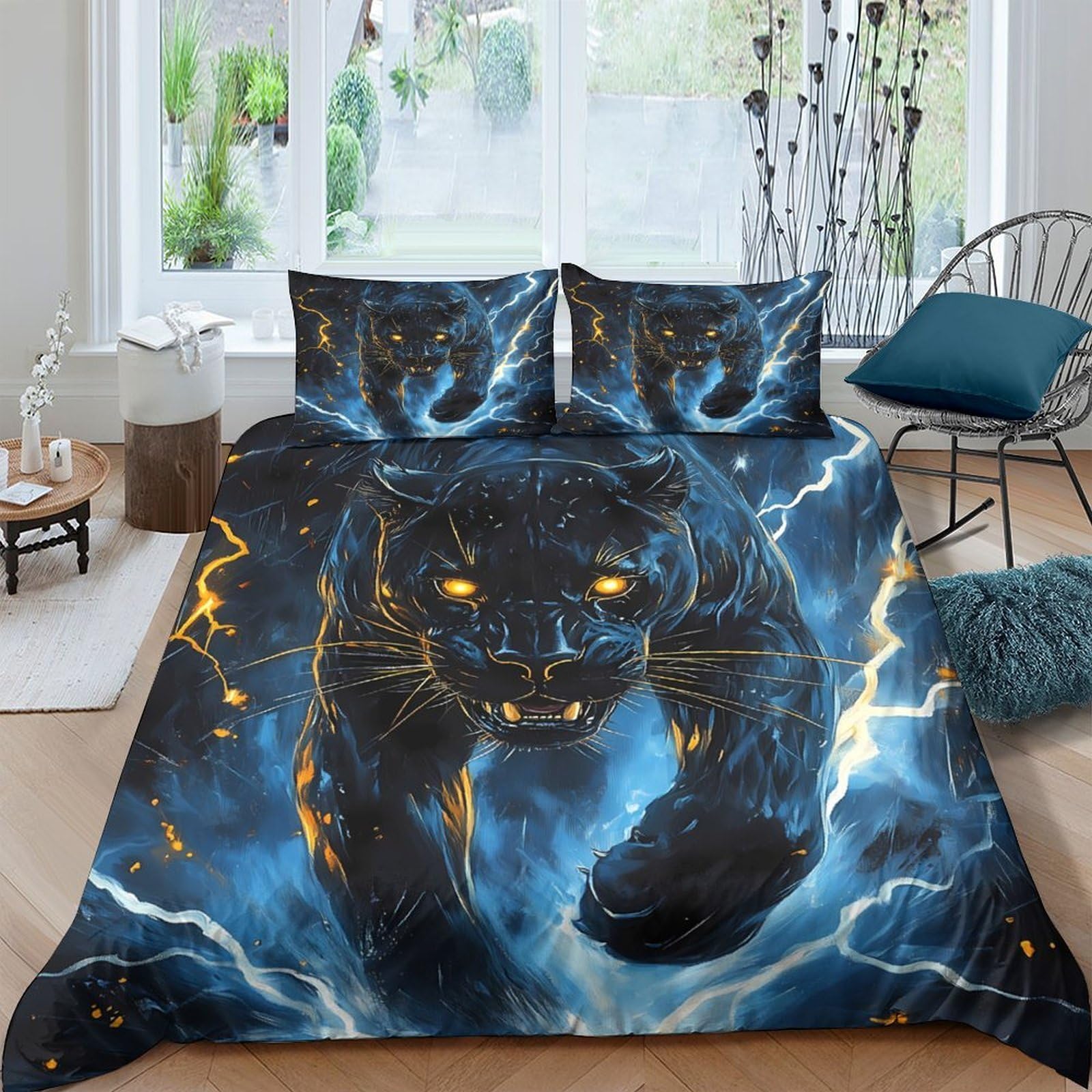 Ctjqhvkz Style-4 3D Printed Thunder Panther Fitted Sheet Microfiber Soft Decor Lightning Animal Bed Cover For Bedroom Dorm Mattress Protection Single（135X200cm）