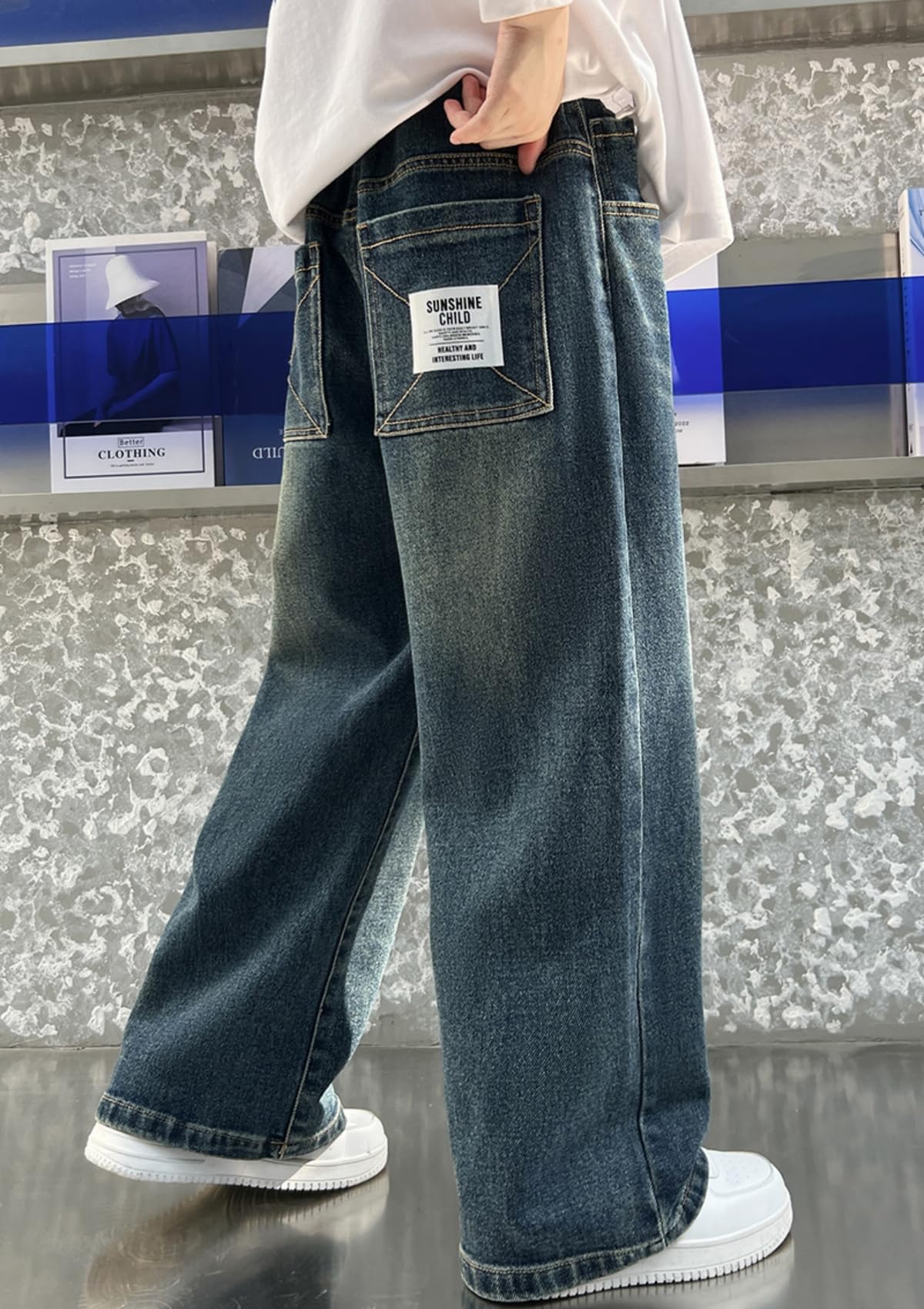 Rolanko Baggy Jeans Jungen, Weites Bein Elastischer Taille und Mehreren Taschen, Cargo Hosen Jeans für Kinder