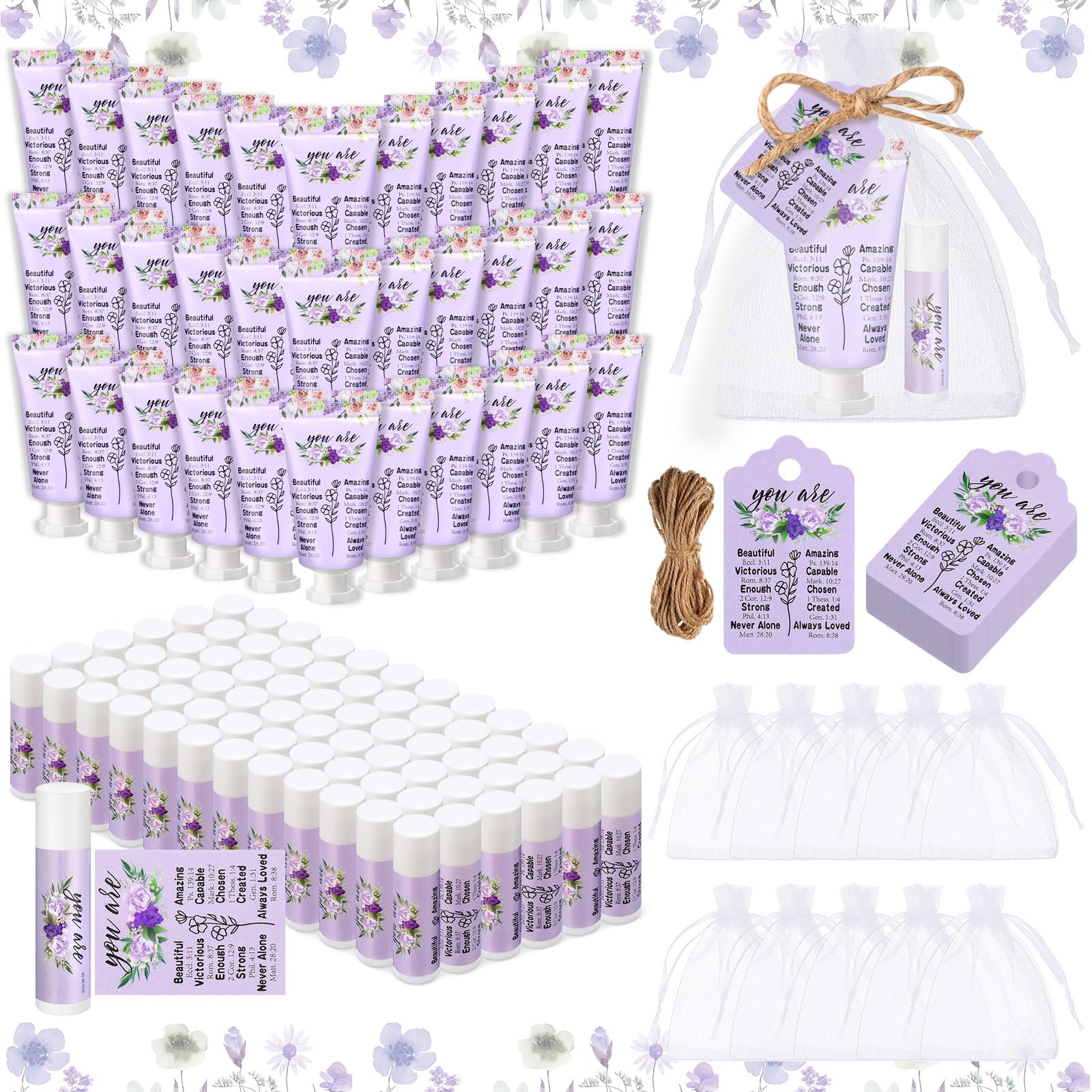 Swiffen 48 Sets Christian Hand Cream Bulk and Lip Balm Bulk Sets Christian Gift Stocking Stuffers for Women Thank You Cards with Organza Bag and Tag
