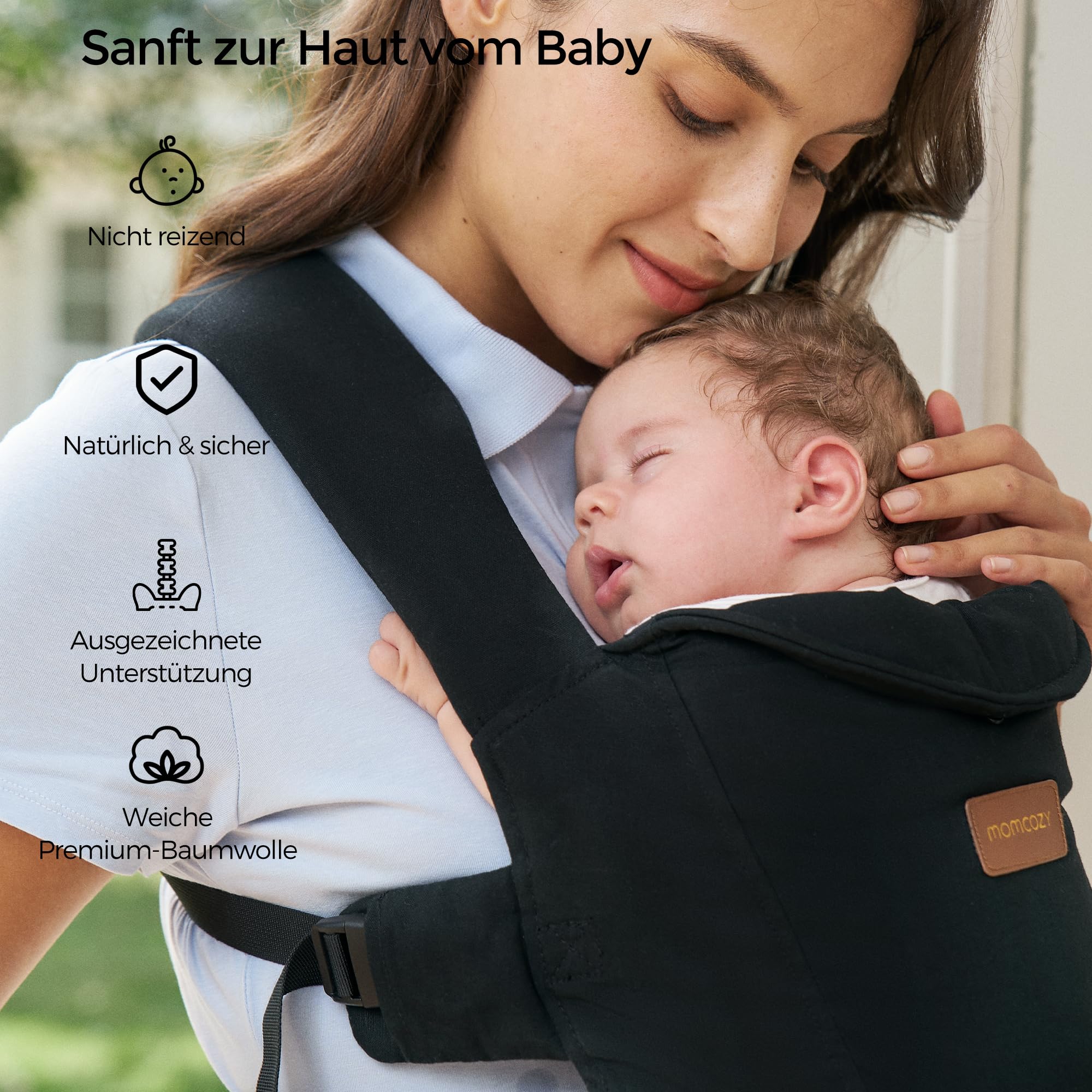 Momcozy Babytrage Neugeborene ab Geburt | Ergonomische Tragehilfe mit Nackenstütze | Leicht & sicher (3-11 kg),Schwarz