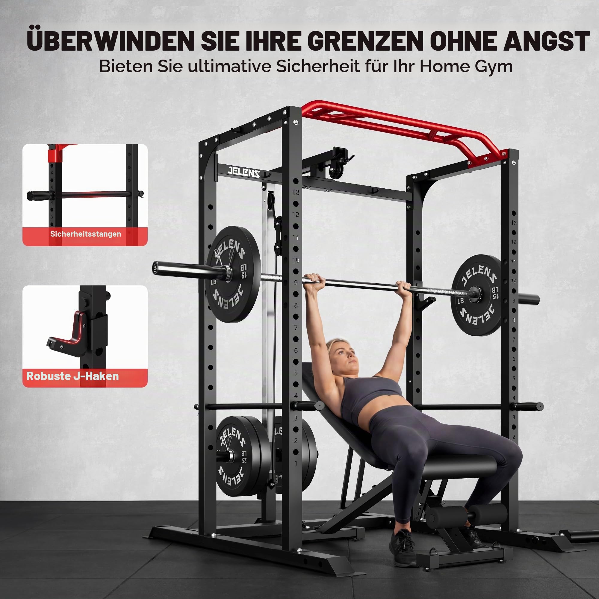JELENS Power Cage, 907.2 kg Multifunktion S11 Power Rack mit Lat-Pulldown, Squat Rack mit verstellbarem Seilzugsystem und mehr Trainingsaufsätzen, Gewichtstrainingsgerät für Home Gym