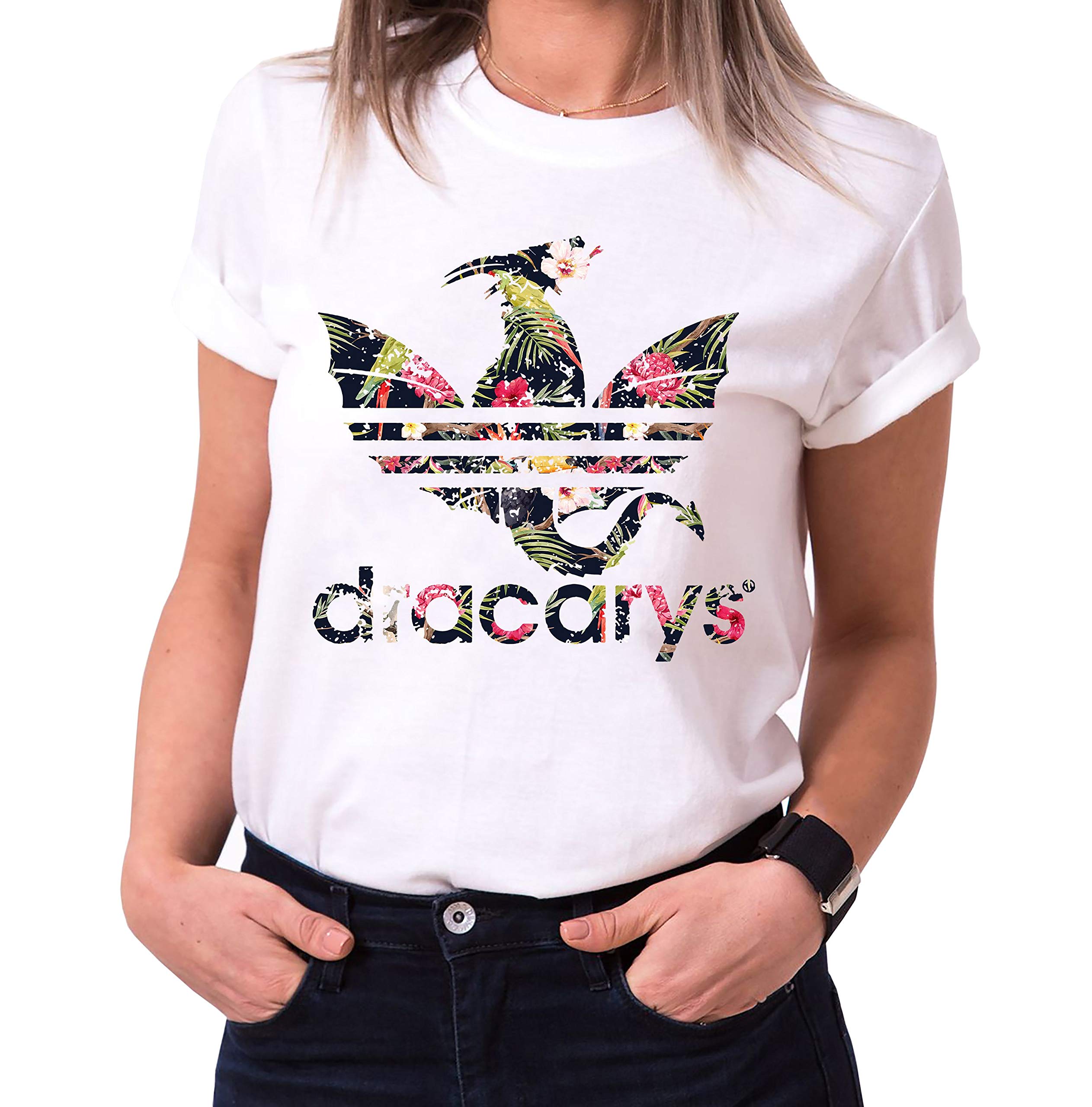 Tee KikiDracarys Tropical - Women's T-Shirt Crewneck Targaryen Thrones Game of Stark Lannister Baratheon Daenerys Khaleesi tv blu-ray DVD, Größe2:Medium, Farbe2:White