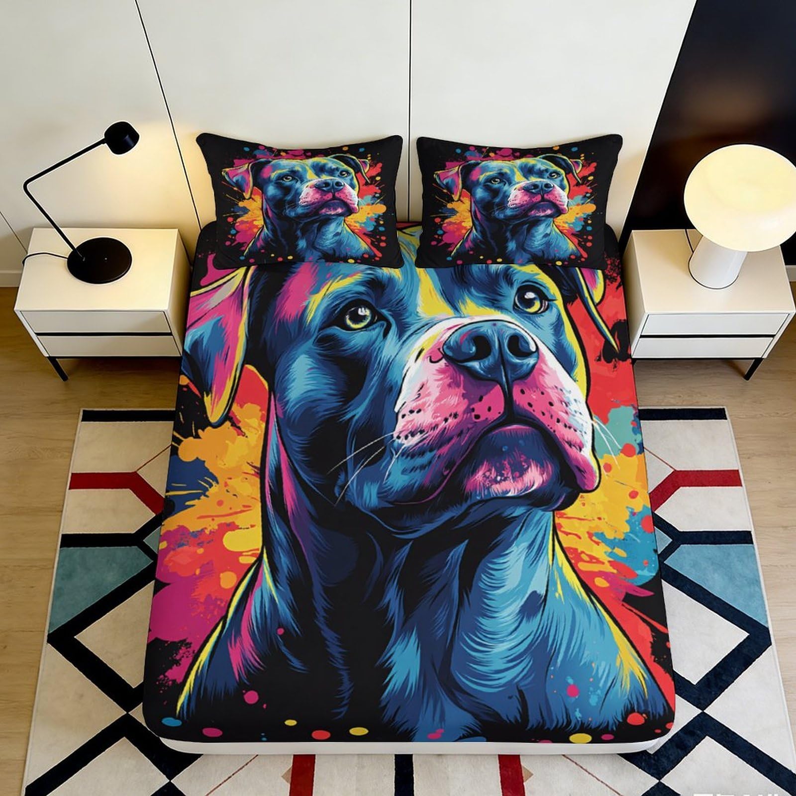 3D Printed Colorful Dog Portrait Fitted Sheet Microfiber Soft Breathable Vibrant Pet Artwork Mattress Cover for Bedroom Dormitory Guest Room Protection 200x200x25cm