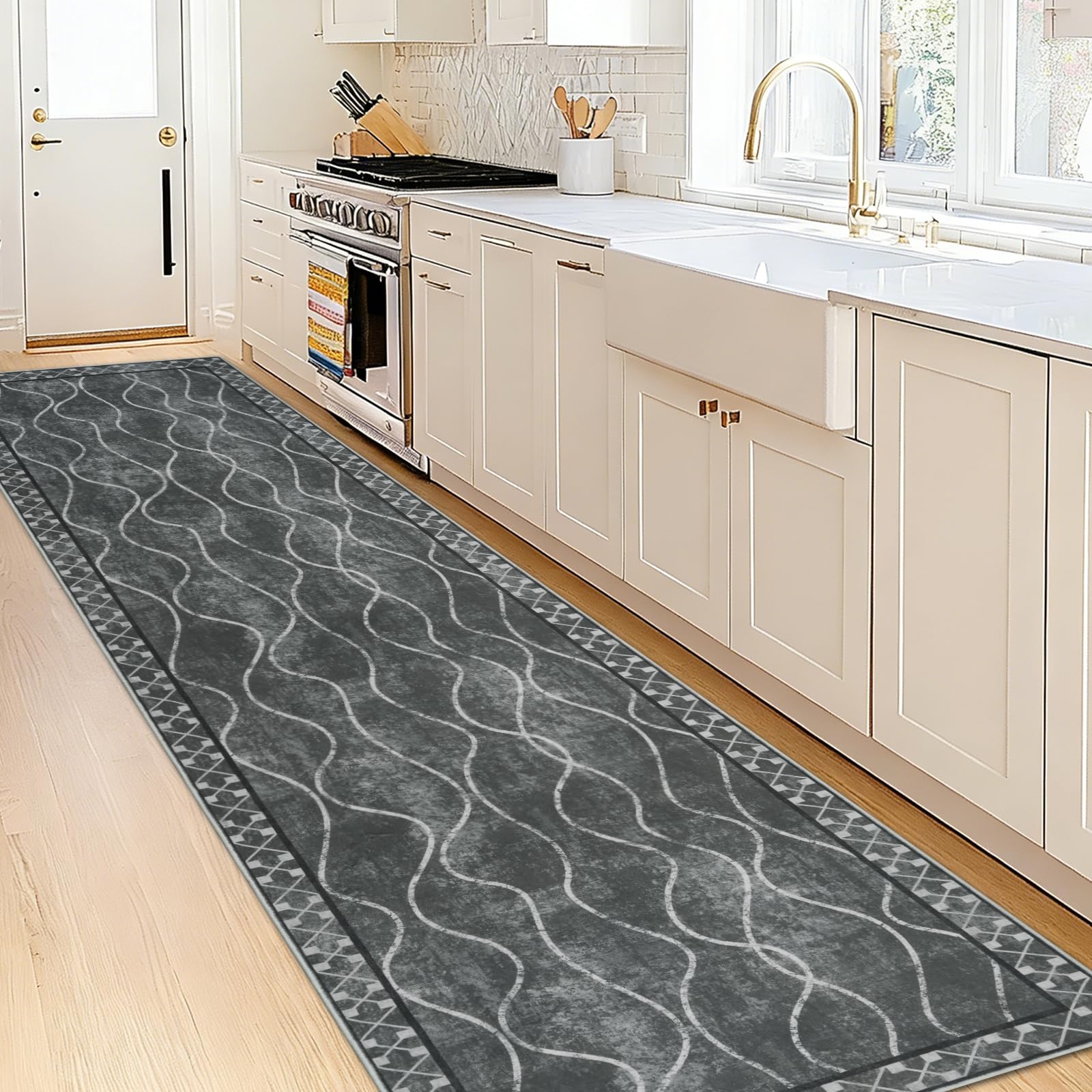 Famibay Teppich Läufer Flur 80x300 Teppich Küche Läufer rutschfest Teppichläufer Flur Waschbar Grau Flurteppich Läufer Lang für Küche Schlafzimmer Wohnzimmer Korridor