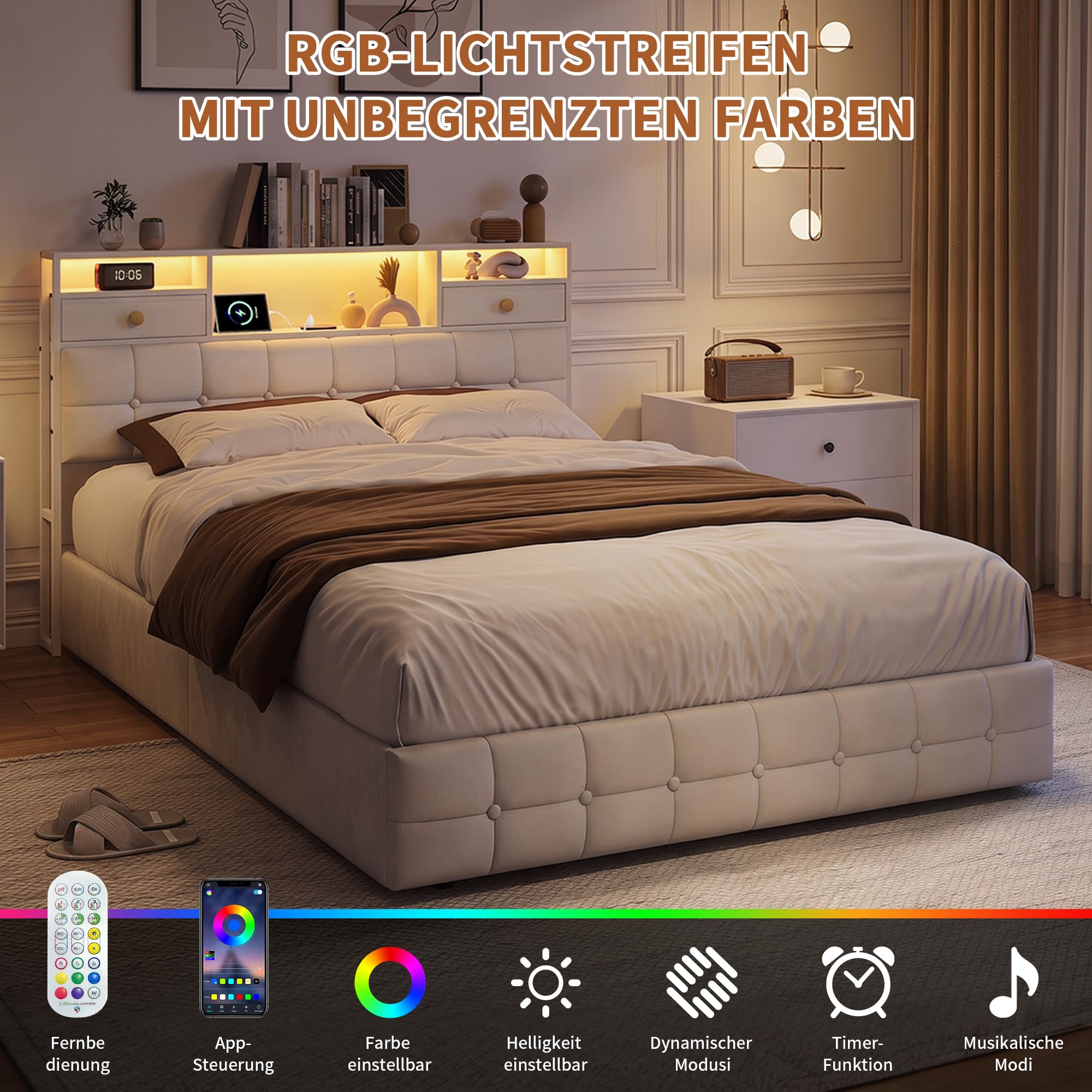 Łóżko tapicerowane 160 x 200 cm, podwójne łóżko z oświetleniem LED i przyłączem USB, nowoczesne łóżko do przechowywania z miejscem do przechowywania, zagłówkiem i 4 szufladami, łóżko młodzieżowe ze