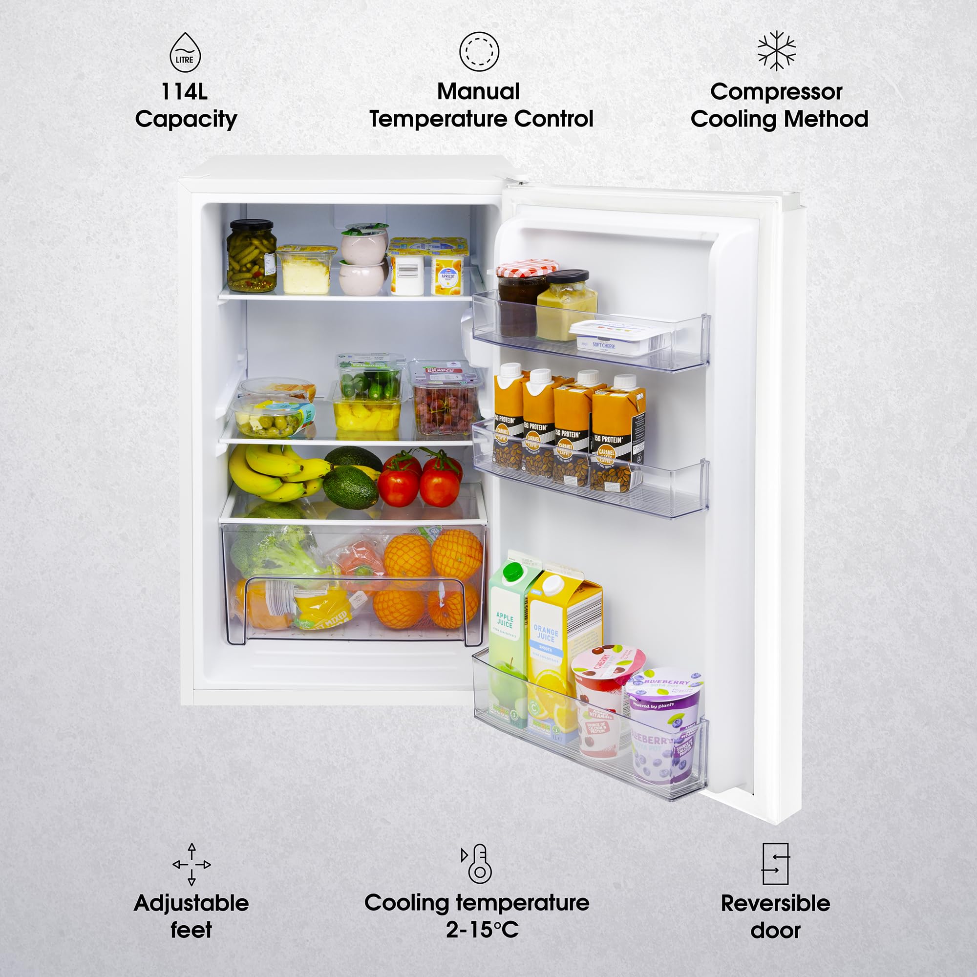 Abode Under Counter Fridge 50cm Wide Freestanding White 114 Litre Removeable Glass Shelves & Drawer, Adjustable Feet & Reversible Door A85UCLF504E1W (New 2025 Model, White) - 4