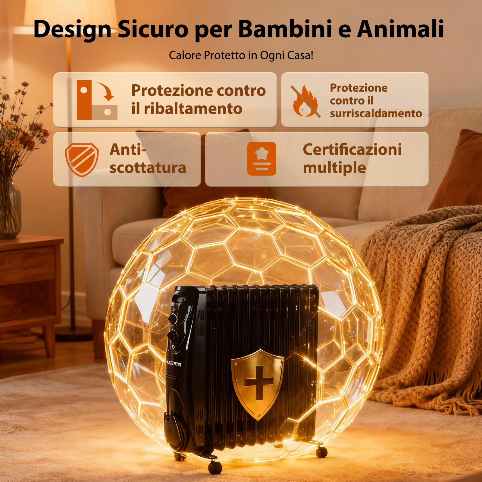 Aigostar Black Forest - Radiatore ad Olio 2500W, 13 Elementi Riscaldatore Elettrico Portatile, 3 Livelli di Calore, Termostato e Spegnimento Automatico di Sicurezza, Silenzioso, 55mq