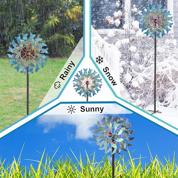 Metal Outdoor Wind Spinner, 2-Way Wind Sculpture Spinner with Metal Stake, Waterproof 360 Degrees Kinetic Windmill Art Decoration for Patio Garden Lawn (2 Turn Vintage Feathers B)