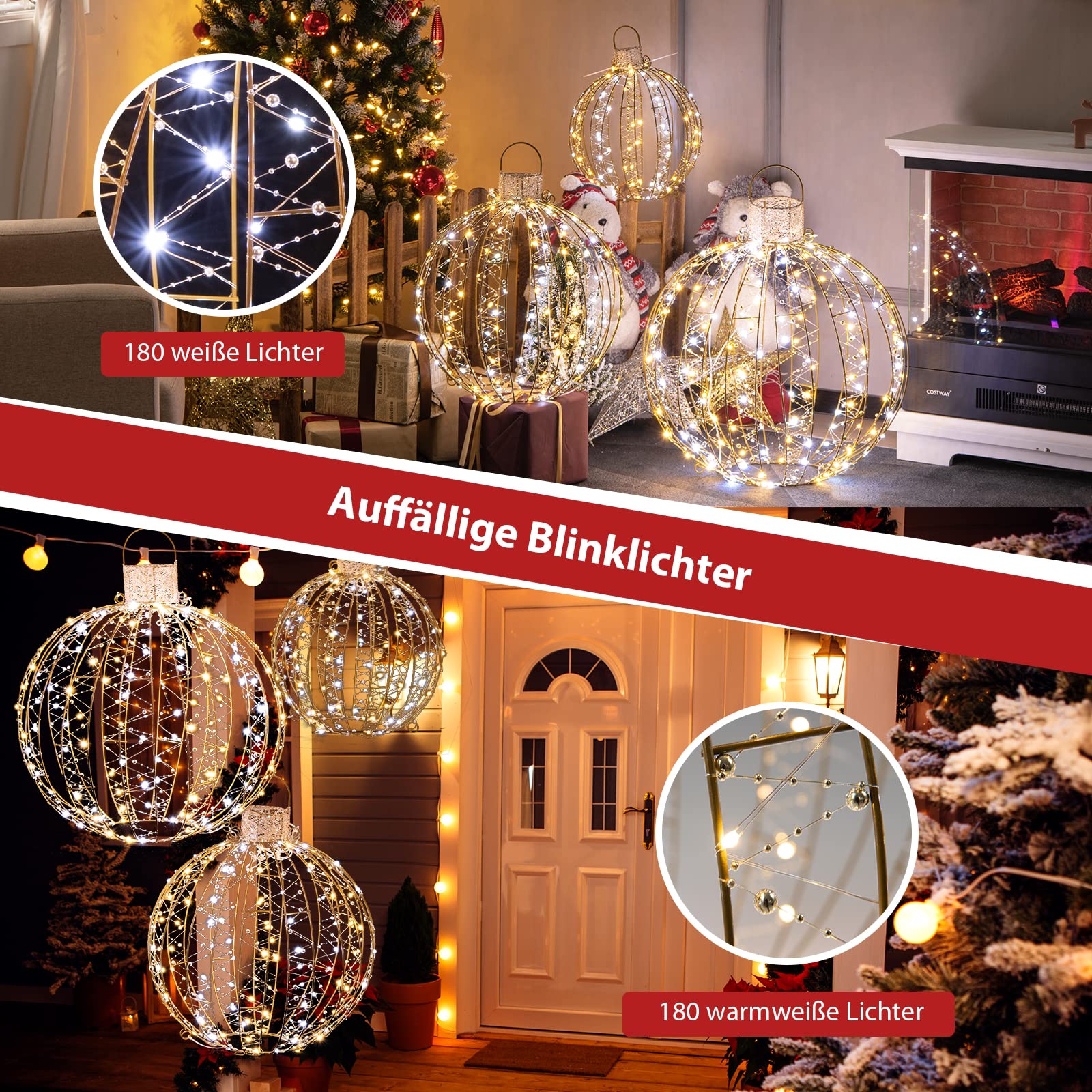 COSTWAY 3er Set LED Dekokugeln, Leuchtkugeln, Weihnachtsbeleuchtung für außen und innen