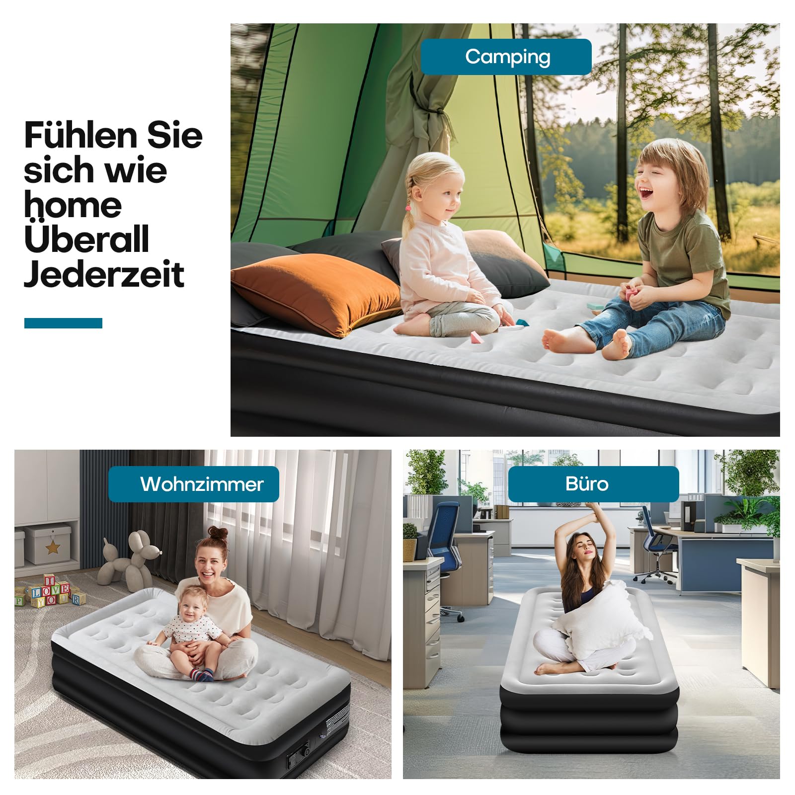 Panana Luftbett 1 Person mit integrierter Pumpe, Einzel Luftmatratze aufblasbar 196 x 97 x 47 cm, Gästebett mit beflockter Oberseite, PVC Luftbett mit Tragetasche für Zuhause Camping Gästezimmer