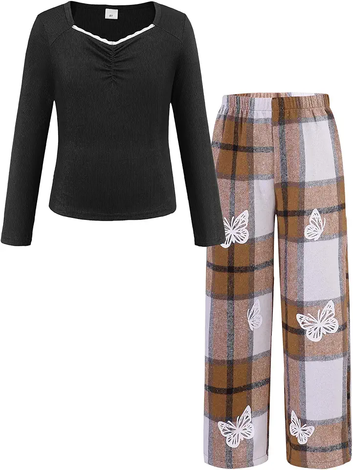 YOURUIKEY Girls' Clothing Set Lace V Neck Shirt Plaid Butterfly Pants Kids Fall Winter Outfit Cute Clothes for Girl Size 8-12