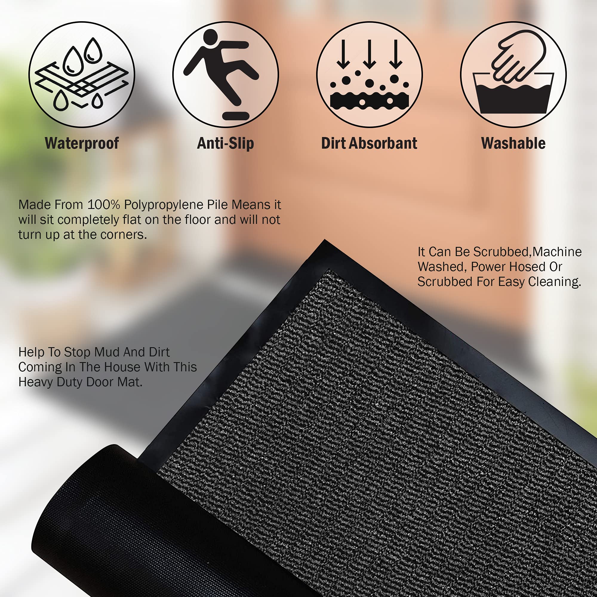 HOUSEGADS Dirt Trapper Door Mat for Indoor & outdoor Non Slip Rubber Backing Carpet and Floor Mat for Home Kitchen & Office Super Absorbent Washable Mat for Front & Back Door (Grey - Image 3