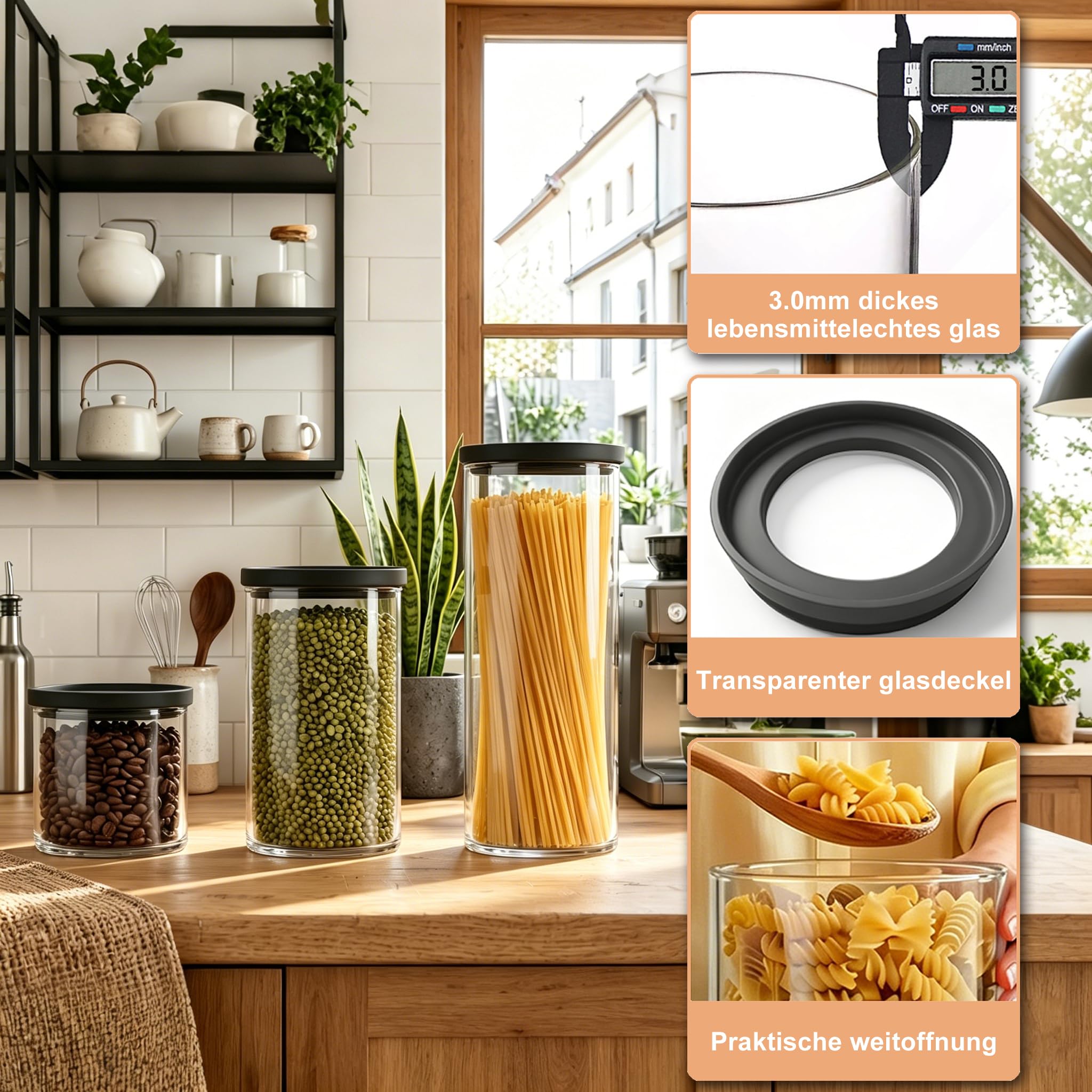 twoant Juego de 4 Redondos Tarros de Cristal Con Tapa Hermética transparente y apilable，1200ml Cocina Botes Almacenaje Ideales Para Guardar Especias, Pasta, Legumbres, Avena, Cereales, Etc