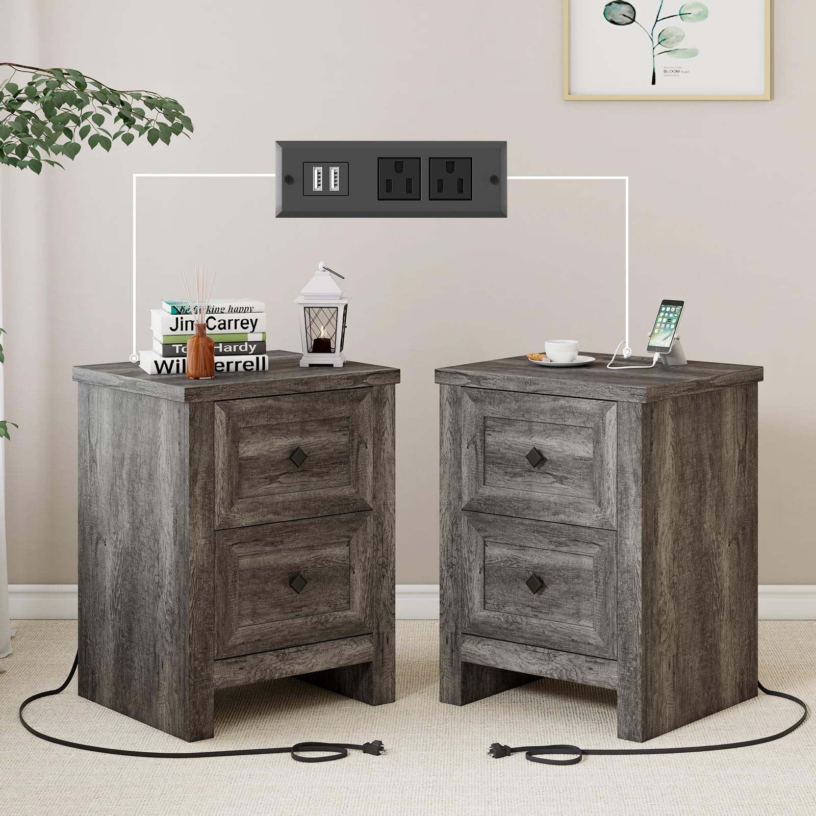 LUXOAK Nightstand Set of 2 with Charging Station, Farmhouse End Table with 2 Drawers Storage Cabinet, Rustic Wood Sofa Side Table for Bedroom, Living