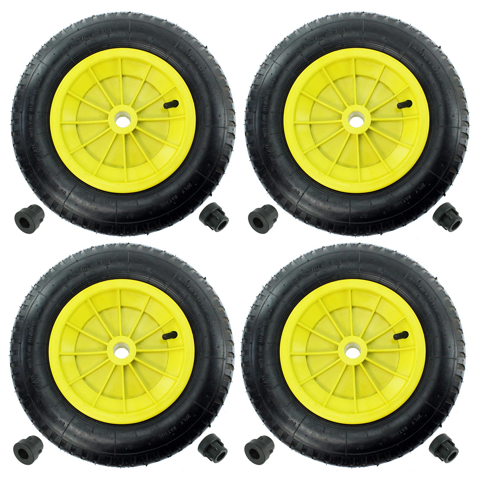 First4spares Yellow 14" 3.50-8 Complete Wheelbarrow Wheel, Inner Tube, Tyre & 1/2" Axle Reducer Bushes For Garden Trolley/Barrow/Go Cart/Trailer Truck (, Pack Of 4)